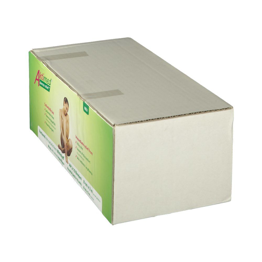 Verpackung Aktimed Derma Relief+. Seitenansicht. Aufdruck: Soforthilfe bei juckender Haut, Spannungsgefühl, Hautrötungen.