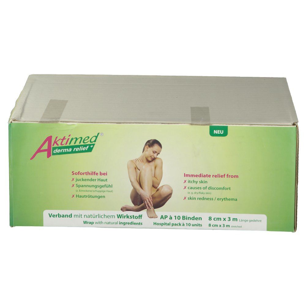 Verpackung Aktimed Derma Relief+. 10 Verbände, 8 cm x 3 m. Aufdruck: Soforthilfe bei juckender Haut, Hautrötungen.