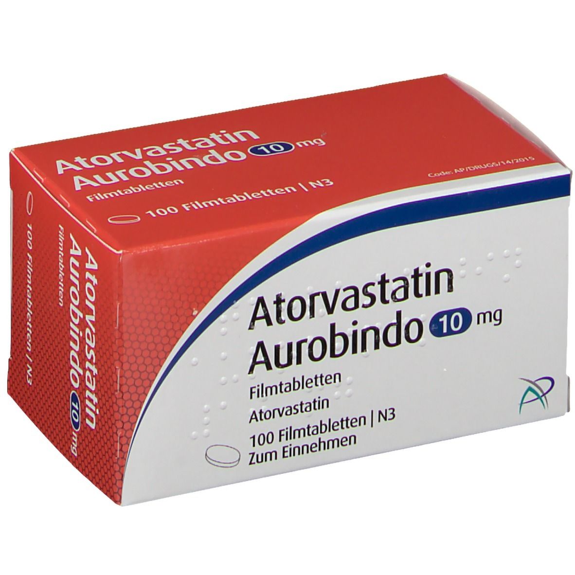 Atorvastatin Aurobindo 10 mg, Packung mit 100 Filmtabletten. Rote und weiße Schachtel mit blauer Linie.