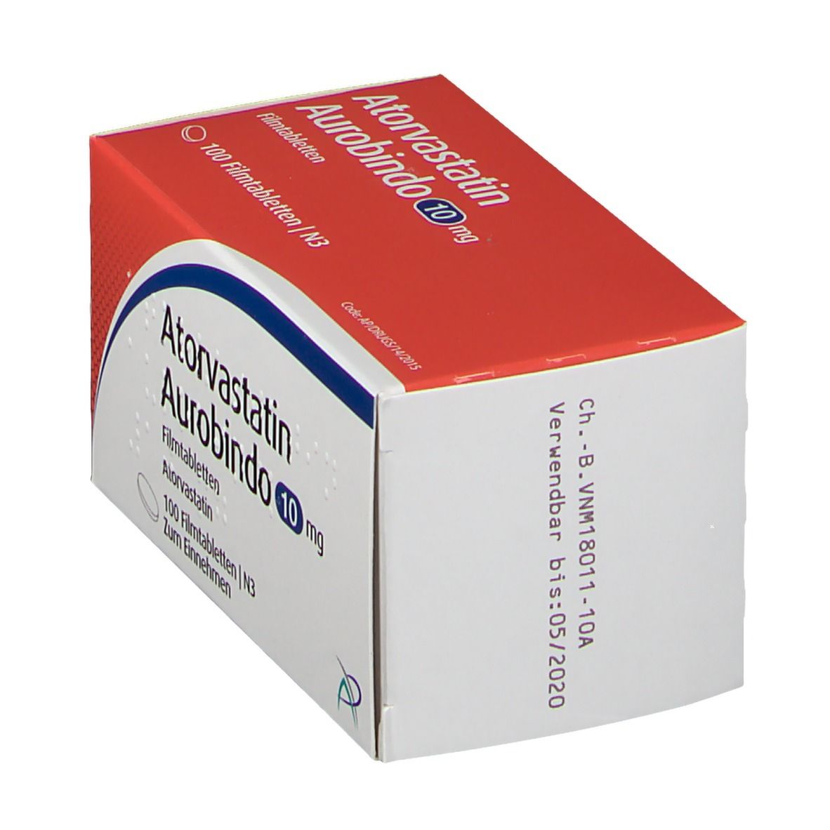 Atorvastatin Aurobindo 10 mg, Packung. Rote und weiße Schachtel mit Text und blauer Linie. Haltbarkeit bis 05/2020.