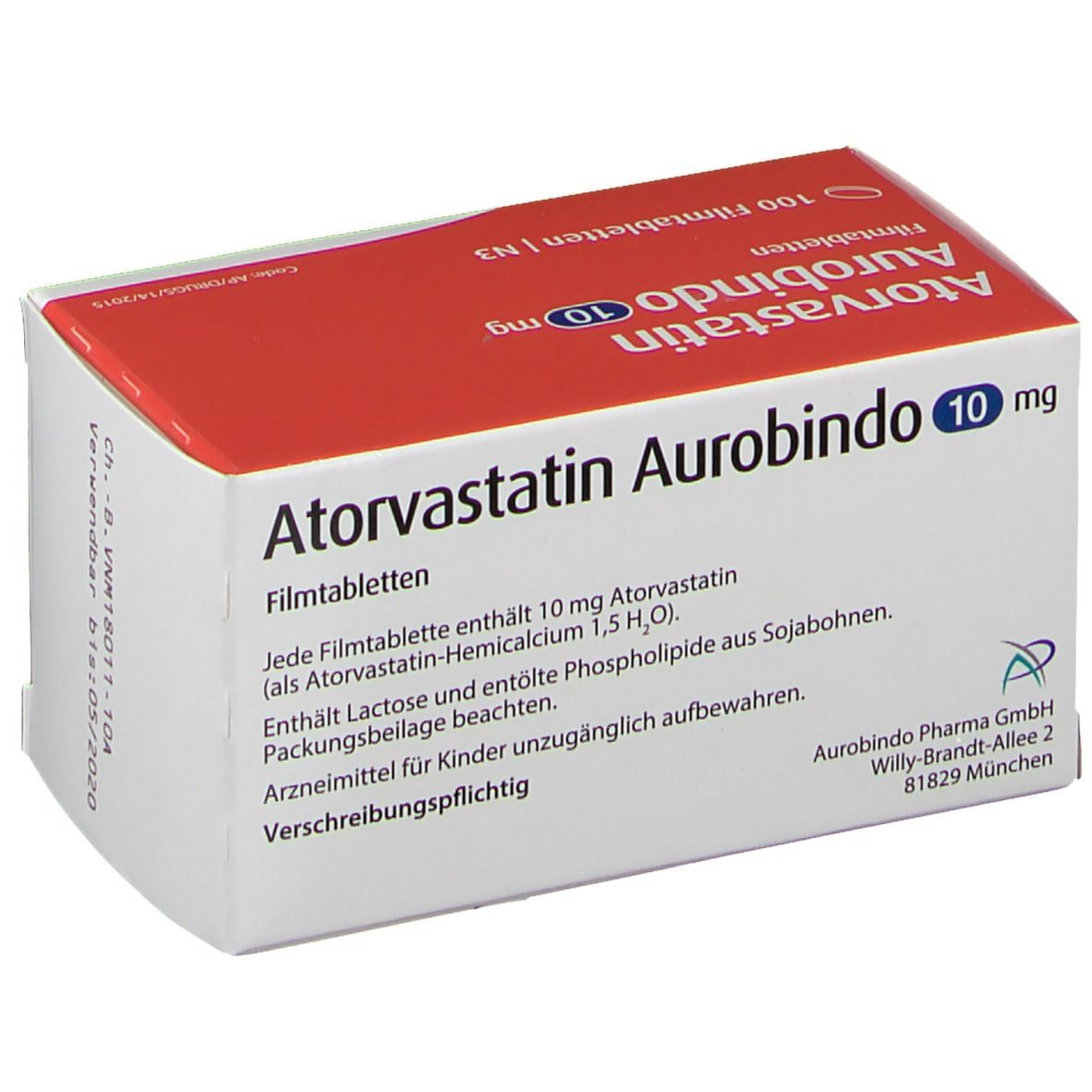 Atorvastatin Aurobindo 10 mg, Packung. Weiße Schachtel mit rotem Deckel. Text in Deutsch. 100 Filmtabletten.