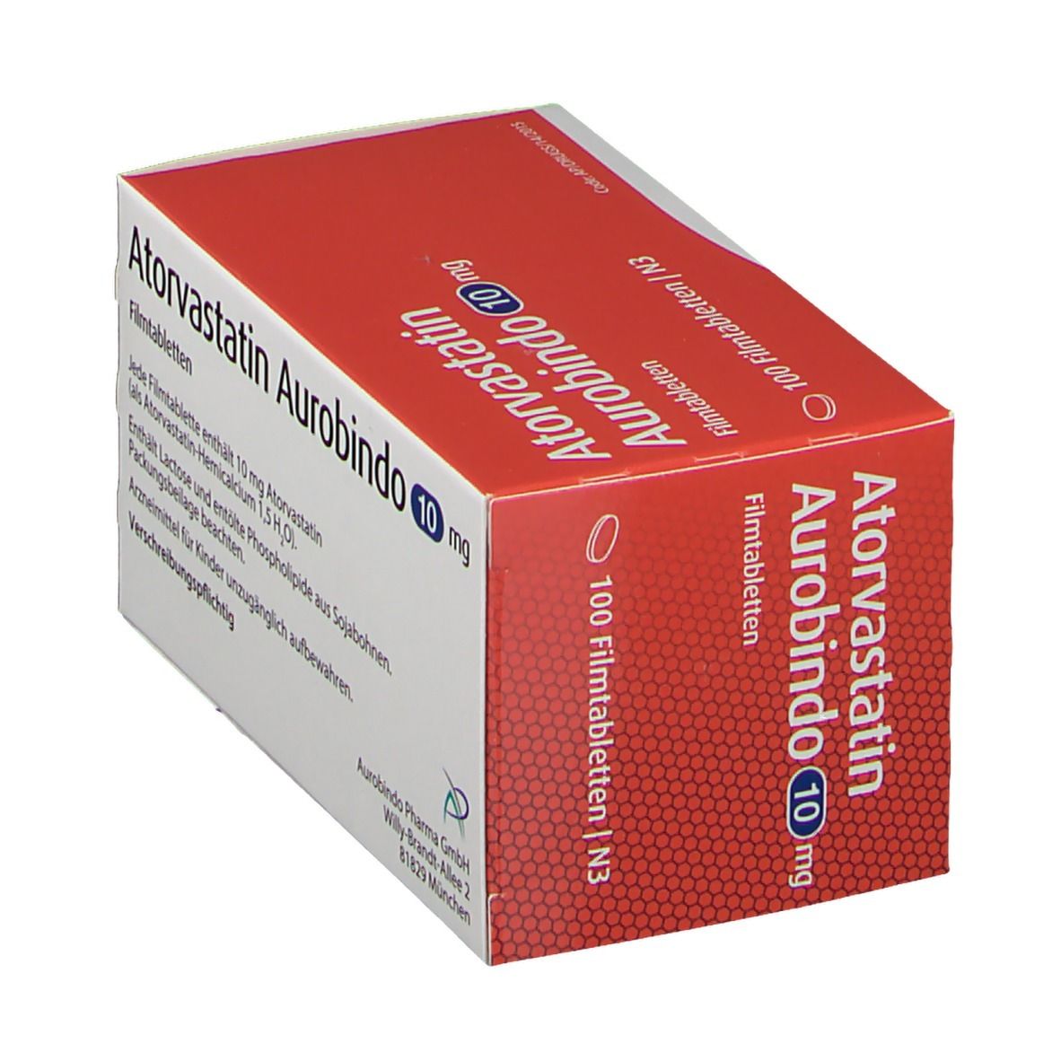 Atorvastatin Aurobindo 10 mg, Packung. Rote und weiße Schachtel mit Text. 100 Filmtabletten. Blaue Linie.