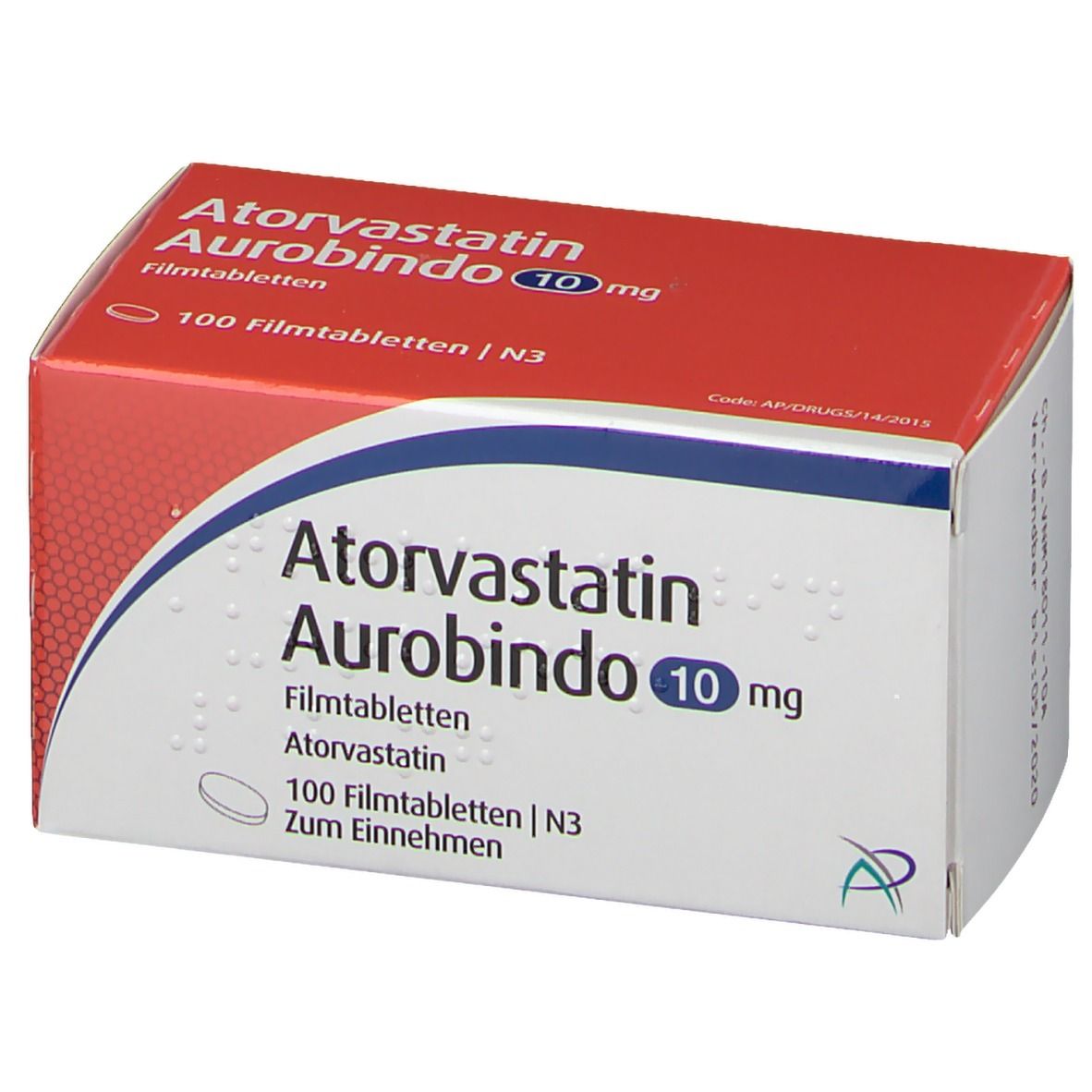 Atorvastatin Aurobindo 10 mg, Packung mit 100 Filmtabletten. Rote und weiße Schachtel mit blauer Linie.
