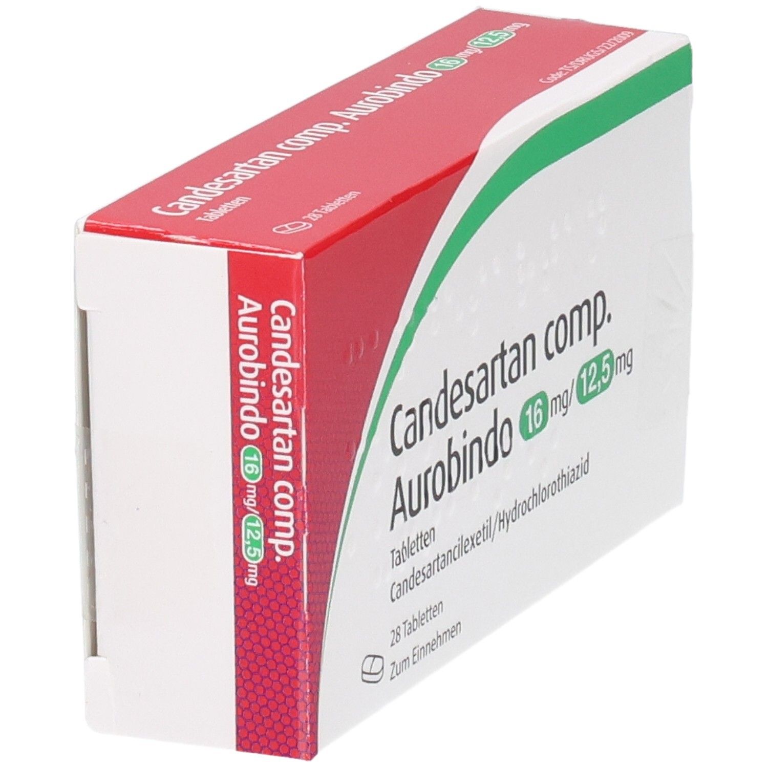 Packung Candesartan comp. Aurobindo 16 mg/12,5 mg Tabletten. Rote und weiße Verpackung mit grünen Akzenten.