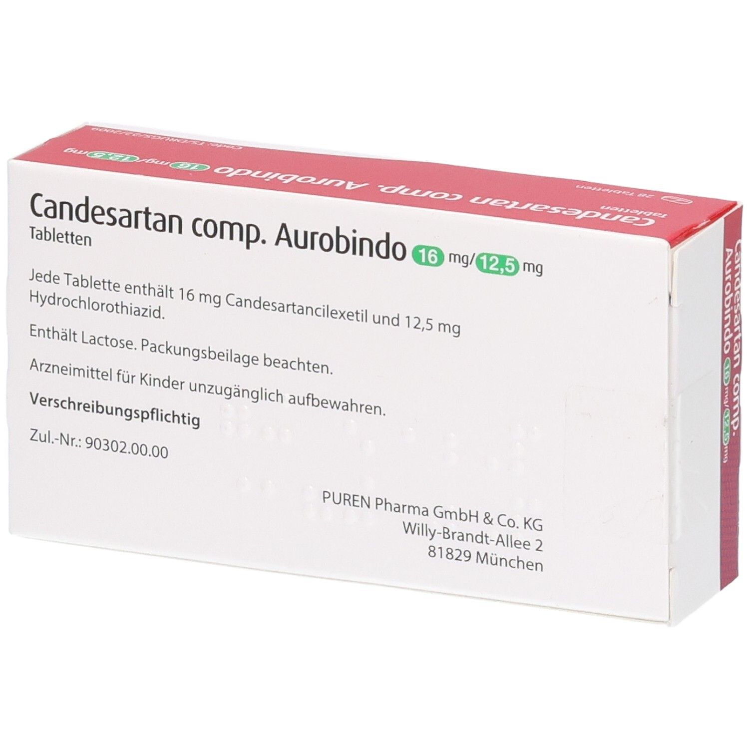 Rückseite der Packung Candesartan comp. Aurobindo 16 mg/12,5 mg Tabletten. Enthält Zulassungsnummer und Herstellerinformationen.