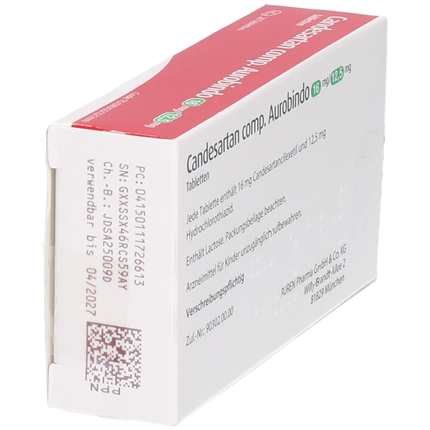 Seitenansicht der Packung Candesartan comp. Aurobindo 16 mg/12,5 mg Tabletten. Mit Chargennummer und Verfallsdatum.