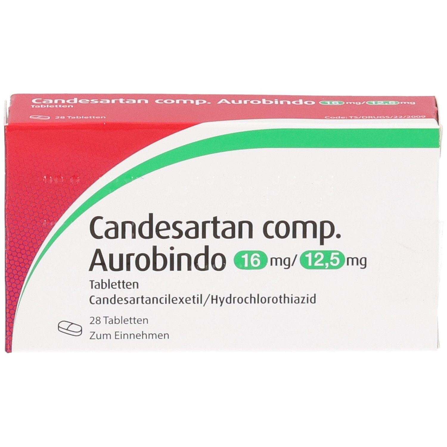 Vorderseite der Packung Candesartan comp. Aurobindo 16 mg/12,5 mg Tabletten. Zeigt Produktname, Stärke und Darreichungsform.