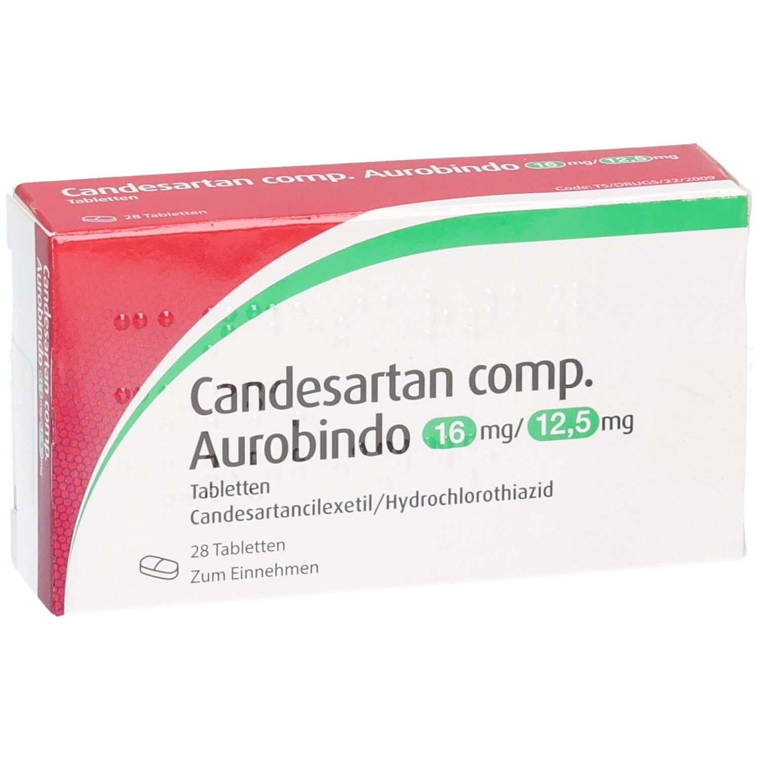Vorderseite der Packung Candesartan comp. Aurobindo 16 mg/12,5 mg Tabletten. Mit Darstellungsbild einer Tablette.