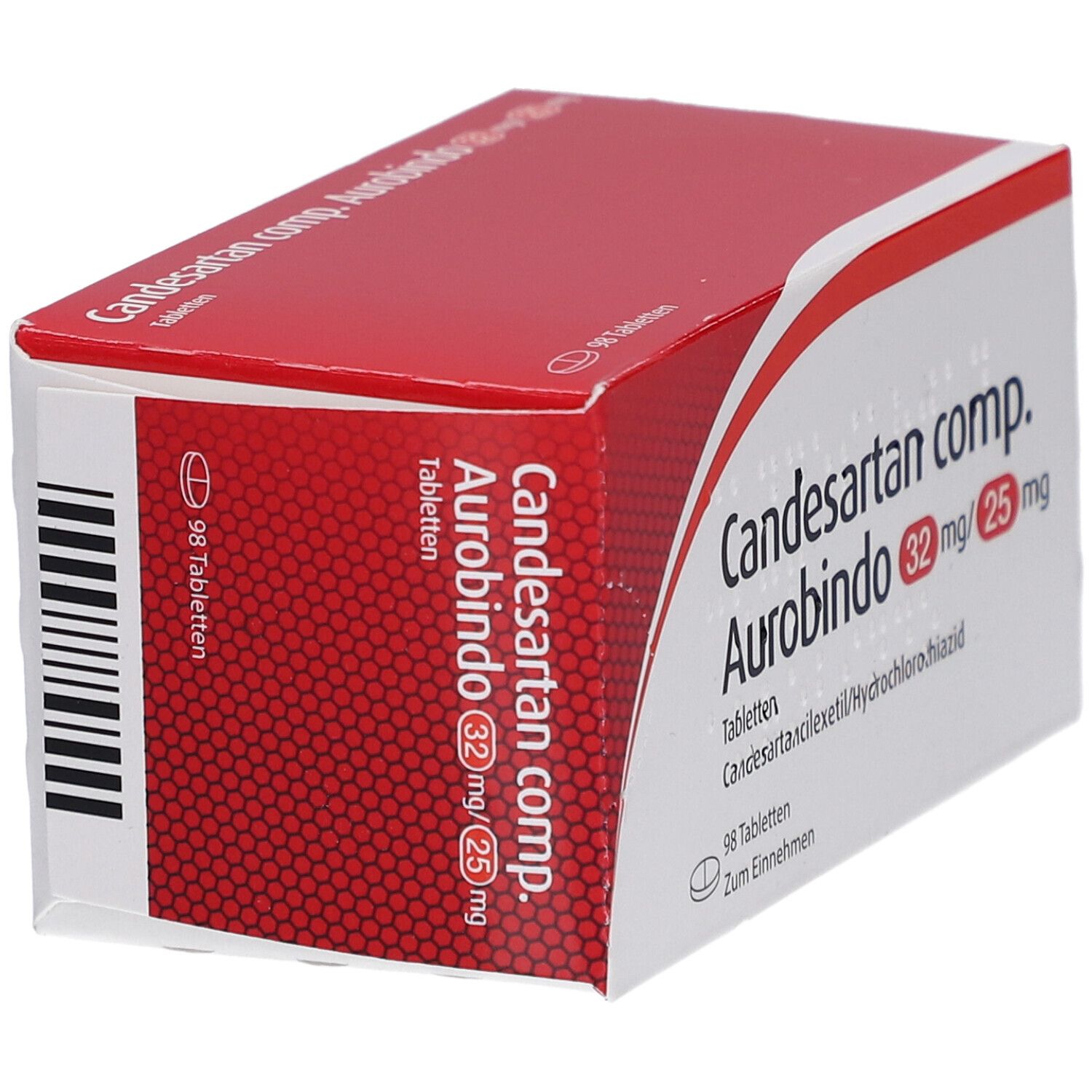 Karton Candesartan comp. Aurobindo 32 mg/25 mg. 98 Tabletten. Aufschrift: Candesartancilexetil/Hydrochlorothiazid.