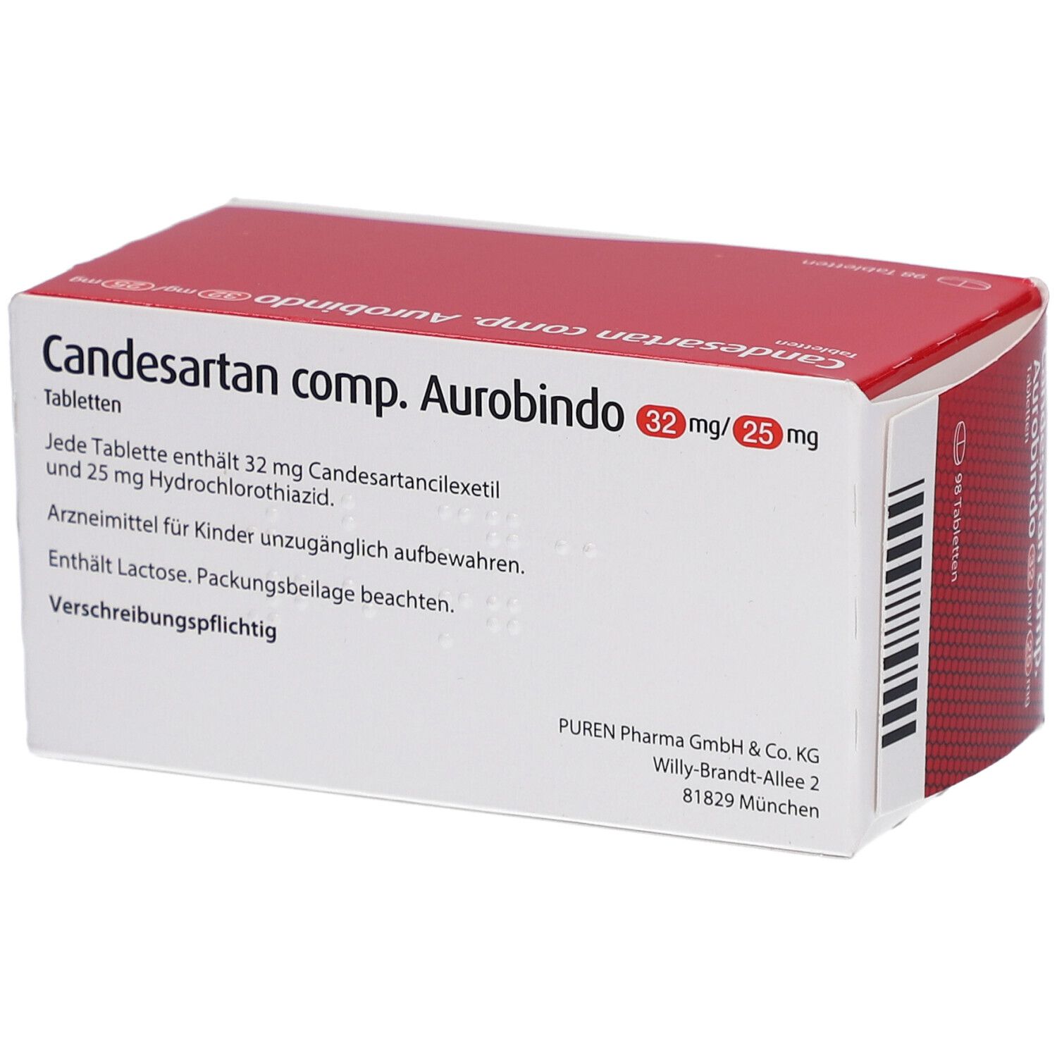 Karton Candesartan comp. Aurobindo 32 mg/25 mg. Enthält 98 Tabletten. Aufschrift: Candesartancilexetil/Hydrochlorothiazid.