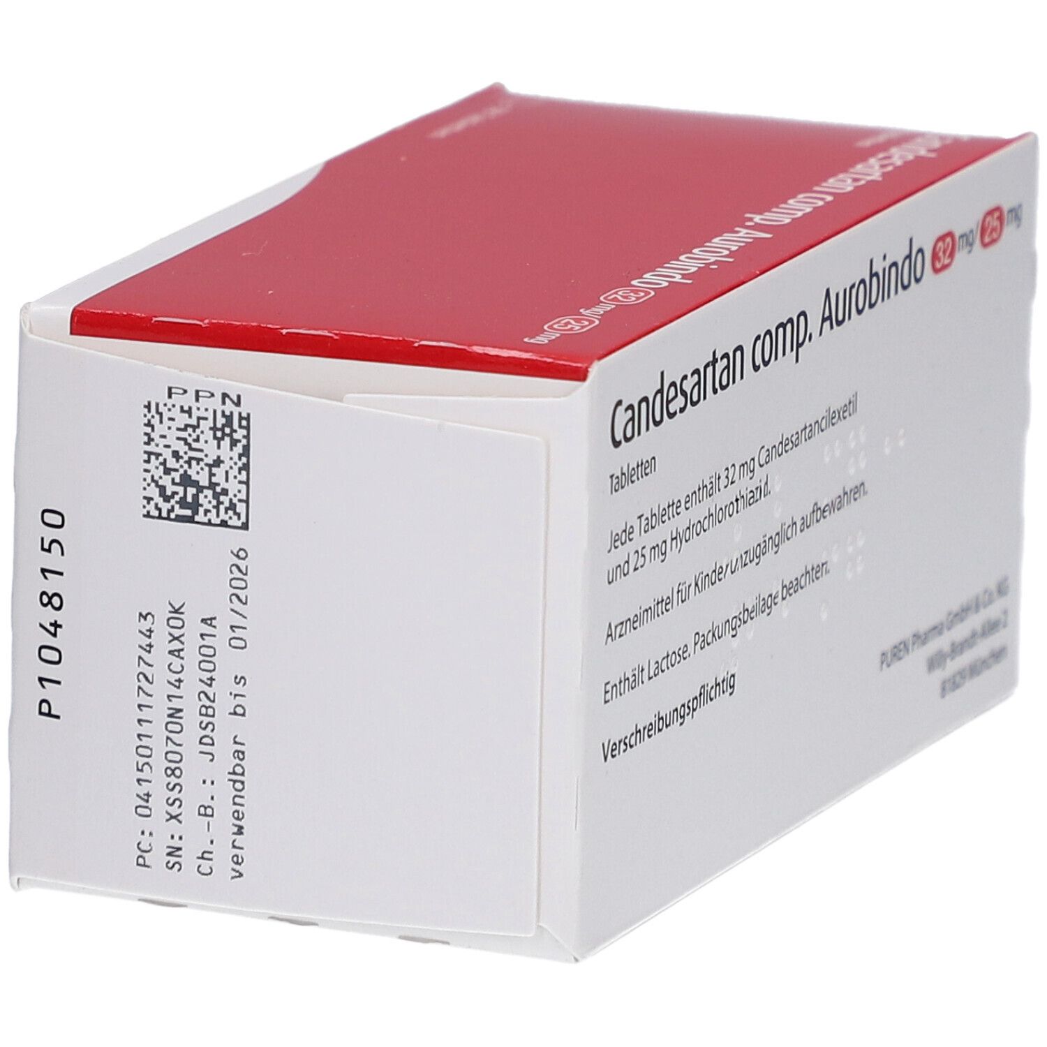 Karton Candesartan comp. Aurobindo 32 mg/25 mg. Enthält 98 Tabletten. Aufschrift: Candesartancilexetil/Hydrochlorothiazid.