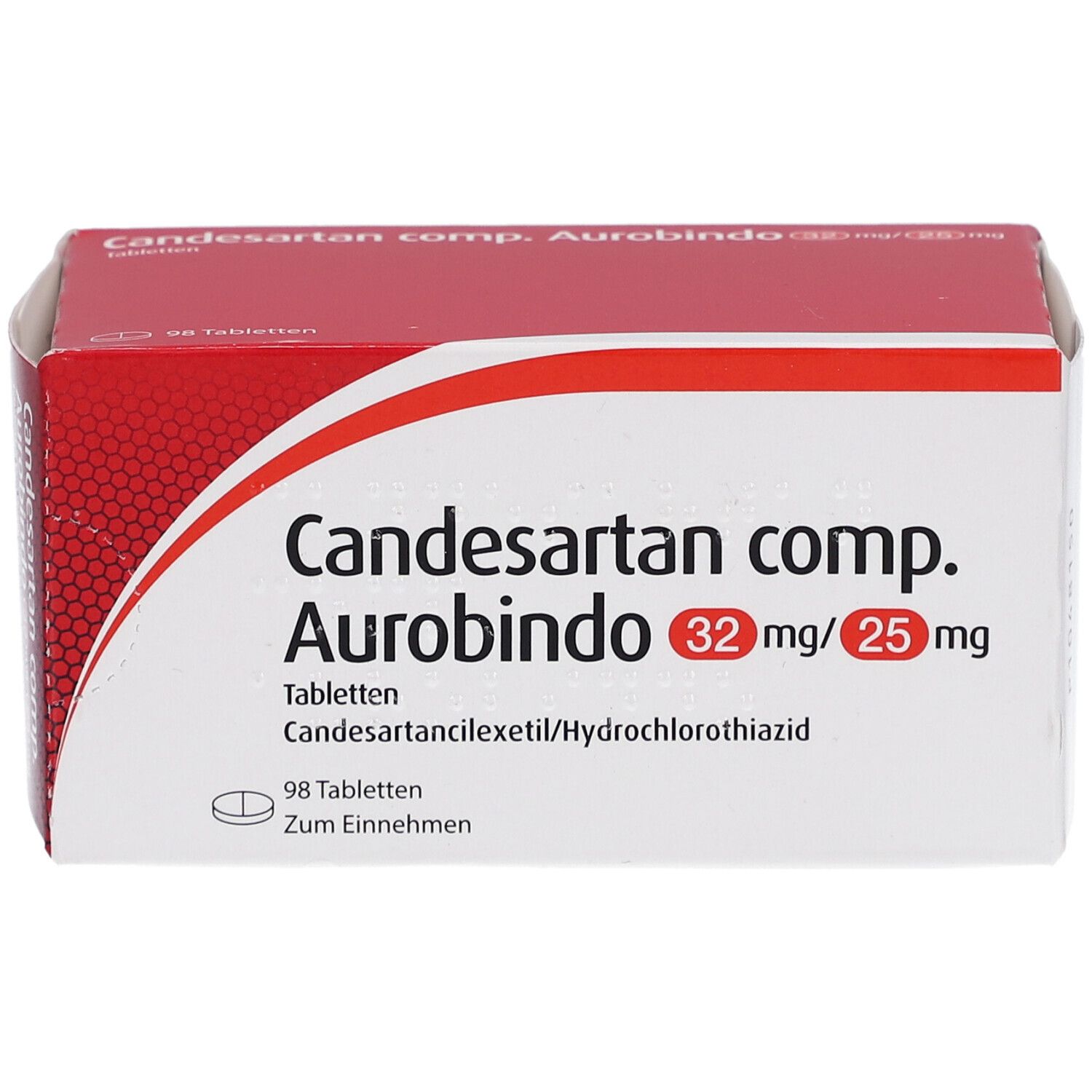 Karton Candesartan comp. Aurobindo 32 mg/25 mg. 98 Tabletten. Aufschrift: Candesartancilexetil/Hydrochlorothiazid.
