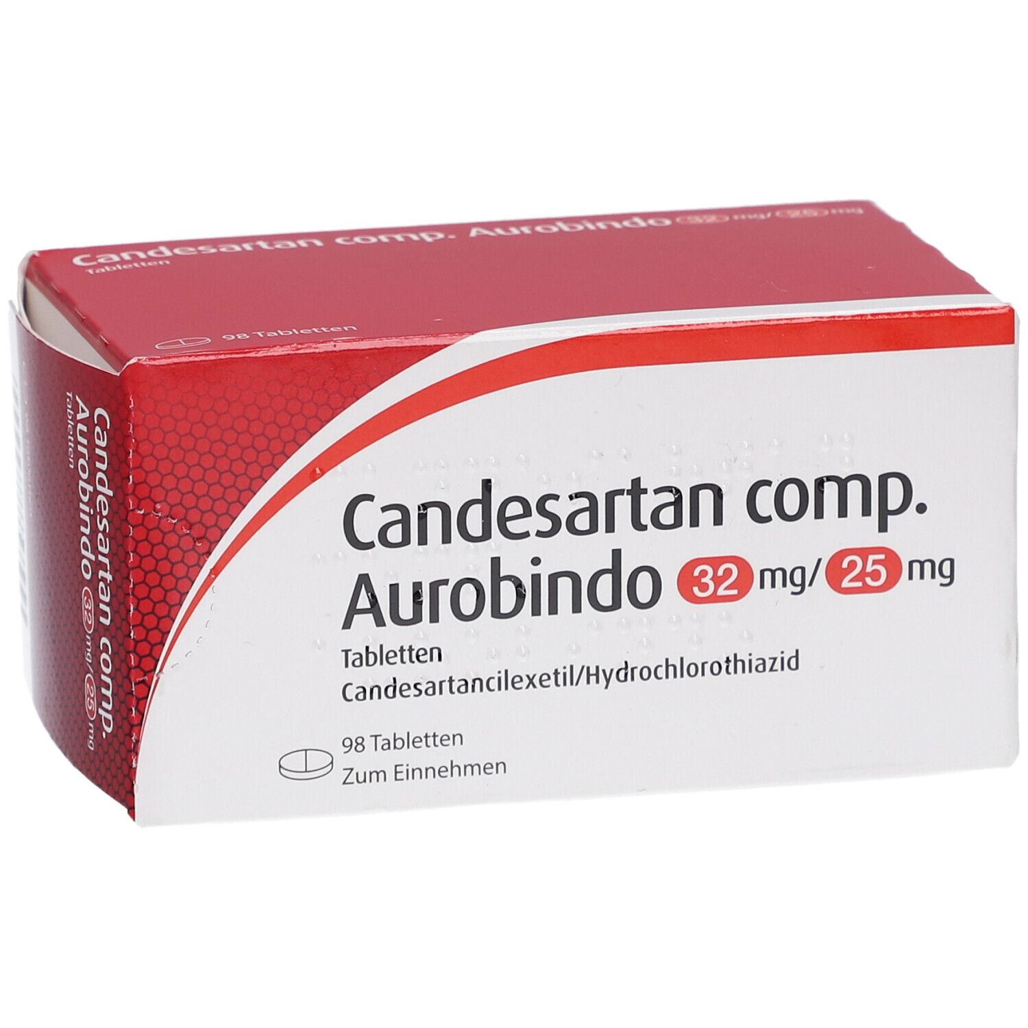 Karton Candesartan comp. Aurobindo 32 mg/25 mg. 98 Tabletten. Aufschrift: Candesartancilexetil/Hydrochlorothiazid.