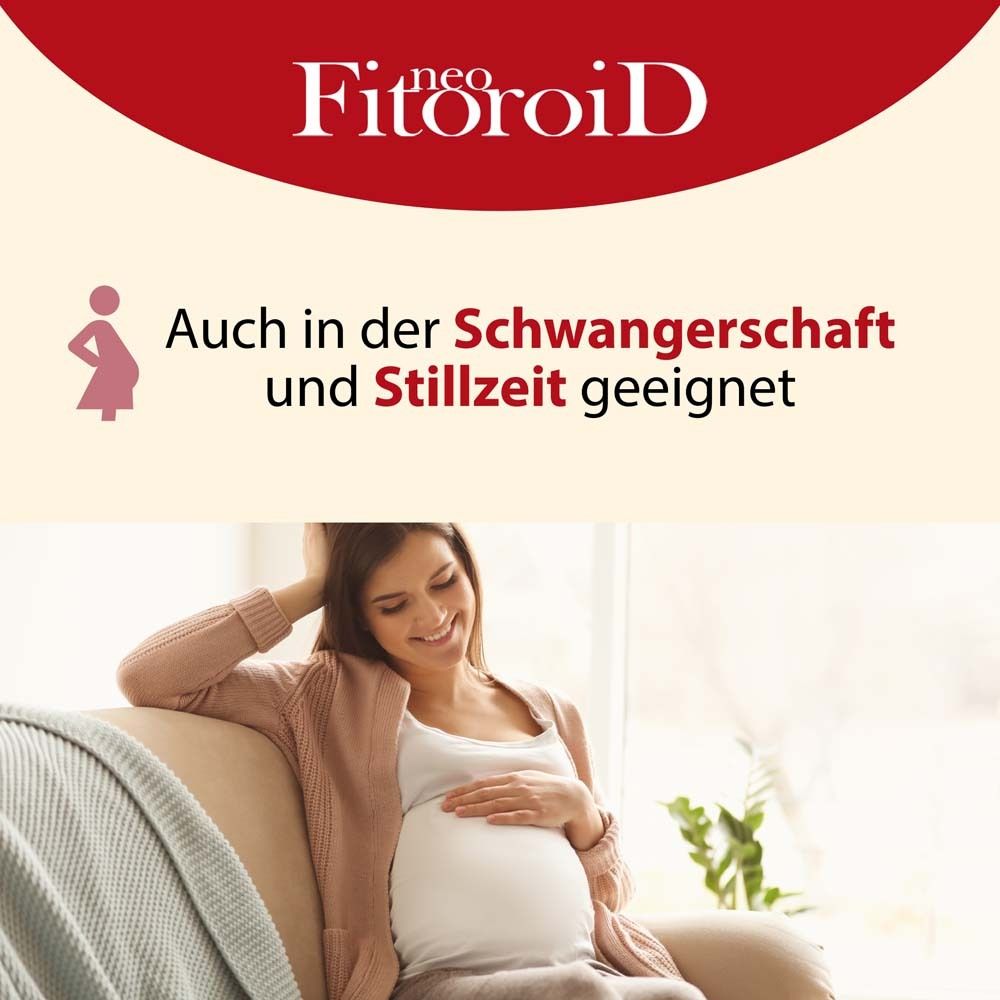 Frau auf Sofa. Text: Auch in der Schwangerschaft und Stillzeit geeignet. NeoFitoroid-Logo.