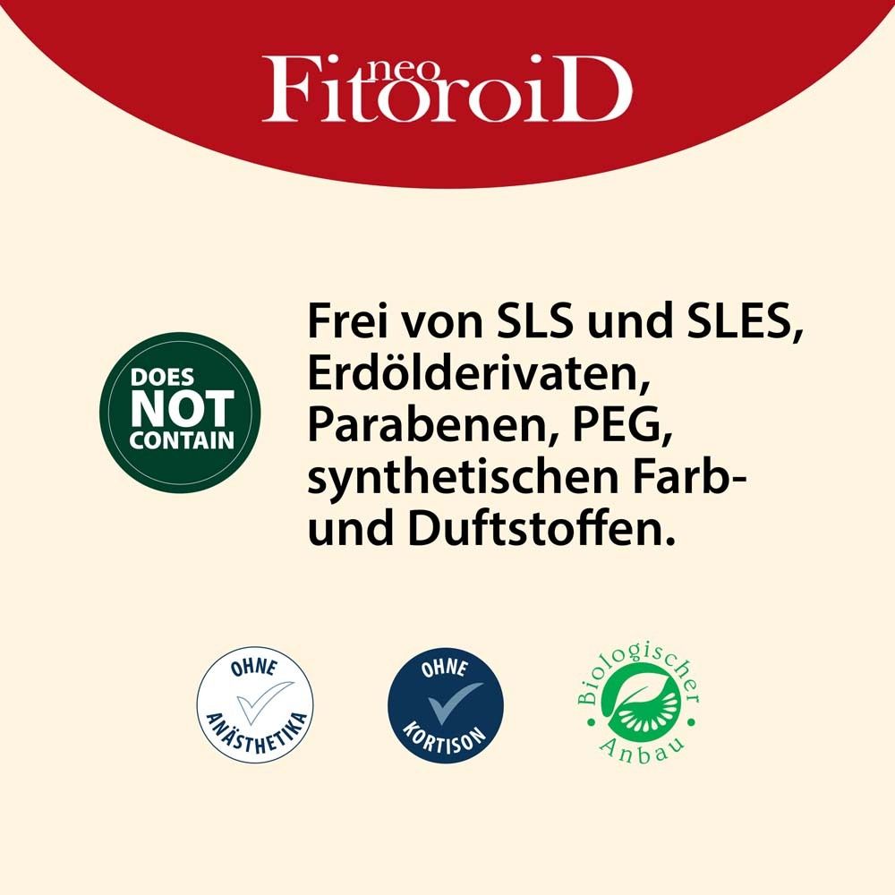 Text: Frei von SLS und SLES, Erdölderivaten, Parabenen, PEG, synthetischen Farb- und Duftstoffen. Logos.