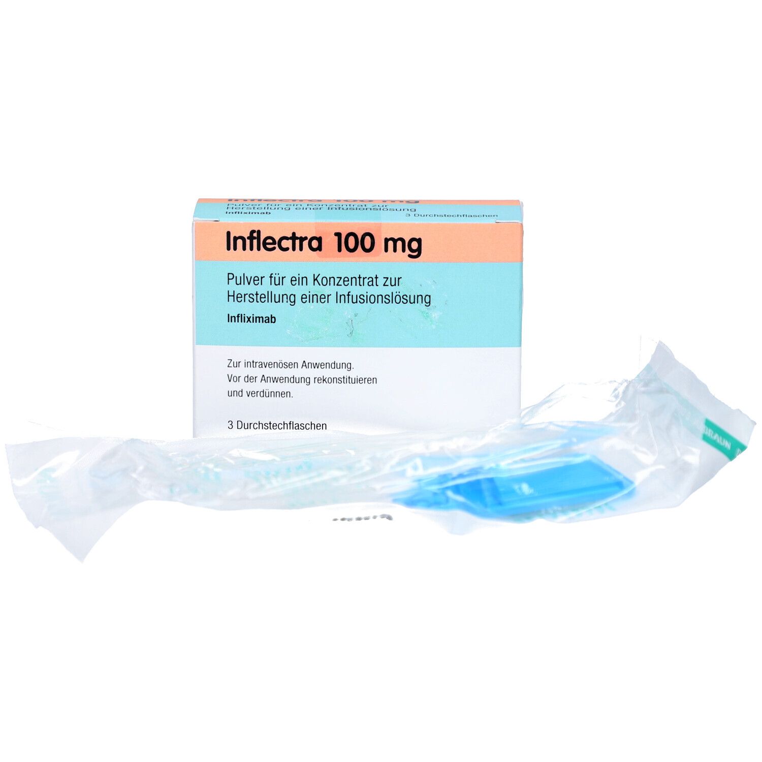 Inflectra 100 mg. Packung mit Pulver zur Herstellung einer Infusionslösung. Enthält 3 Durchstechflaschen und eine blaue Komponente.