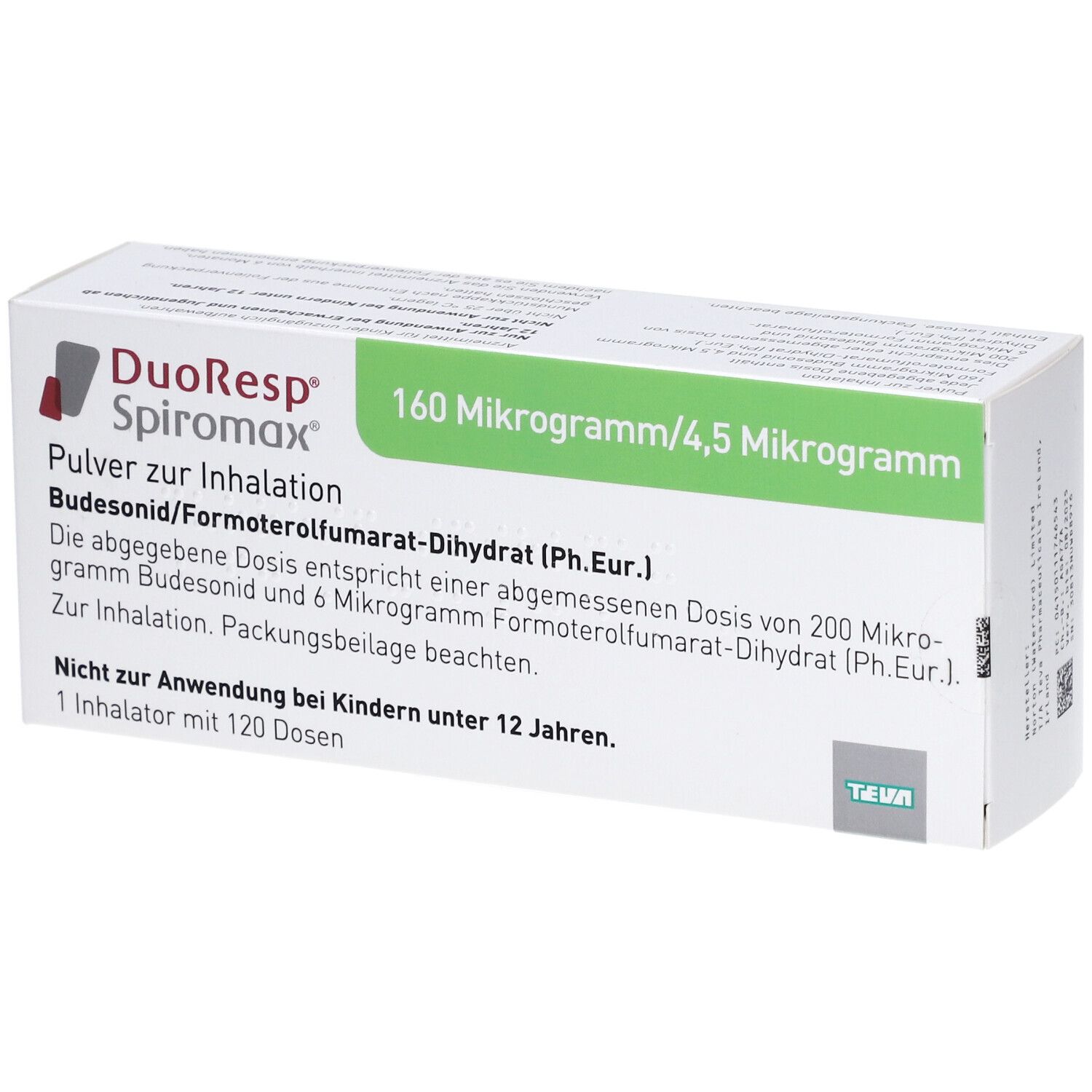 Weißer Karton mit DuoResp Spiromax. Aufdruck: 160 Mikrogramm/4,5 Mikrogramm, Pulver zur Inhalation. Teva-Logo.