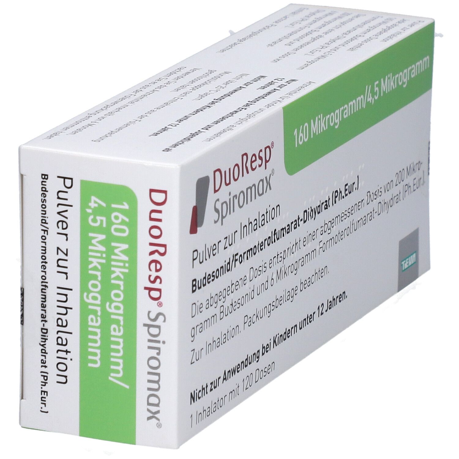 Schräg gestellte DuoResp Spiromax-Verpackung. Aufdruck: 160 Mikrogramm/4,5 Mikrogramm, Pulver zur Inhalation. Teva-Logo.