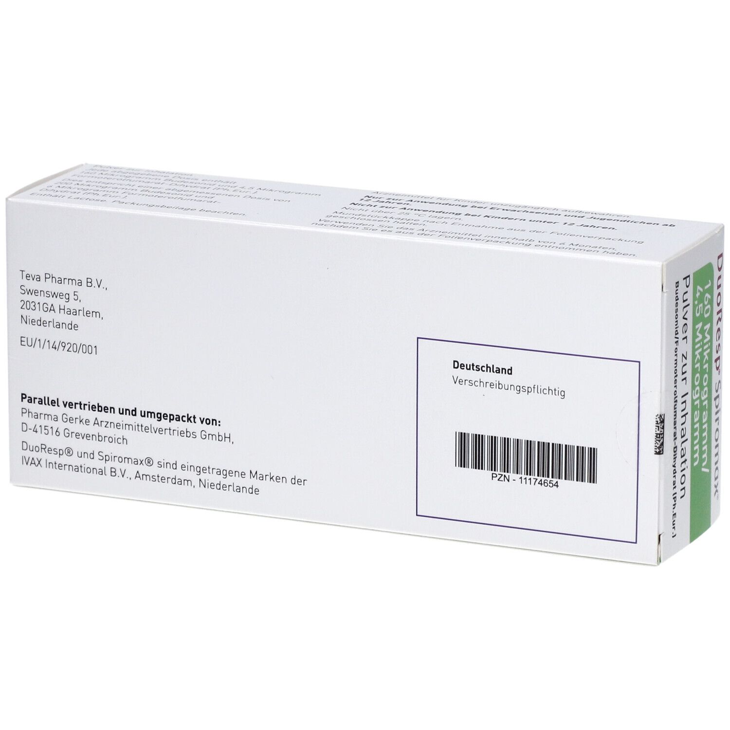 Rückseite der DuoResp Spiromax-Verpackung. Adress- und Barcode-Informationen. Aufdruck: Verschreibungspflichtig.
