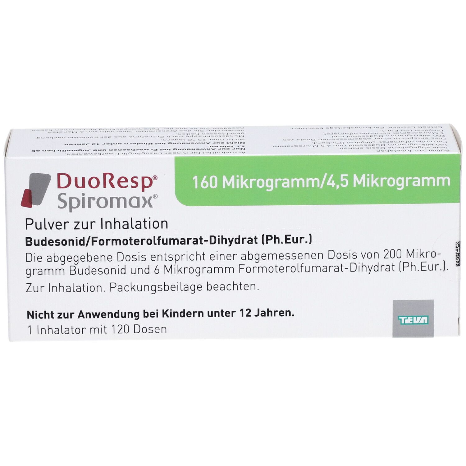 DuoResp Spiromax-Verpackung. Aufdruck: 160 Mikrogramm/4,5 Mikrogramm, Pulver zur Inhalation. Teva-Logo.