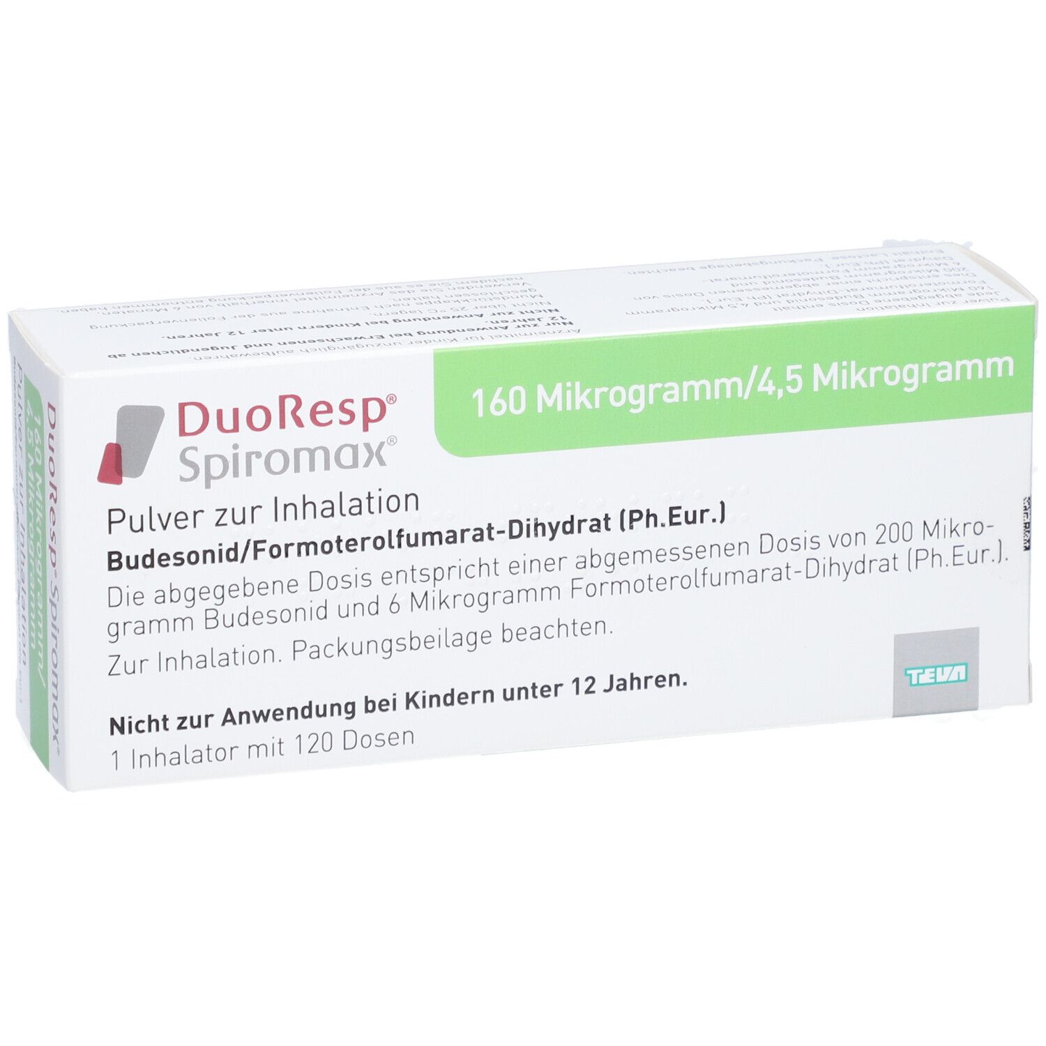 DuoResp Spiromax-Verpackung. Aufdruck: 160 Mikrogramm/4,5 Mikrogramm, Pulver zur Inhalation. Teva-Logo.