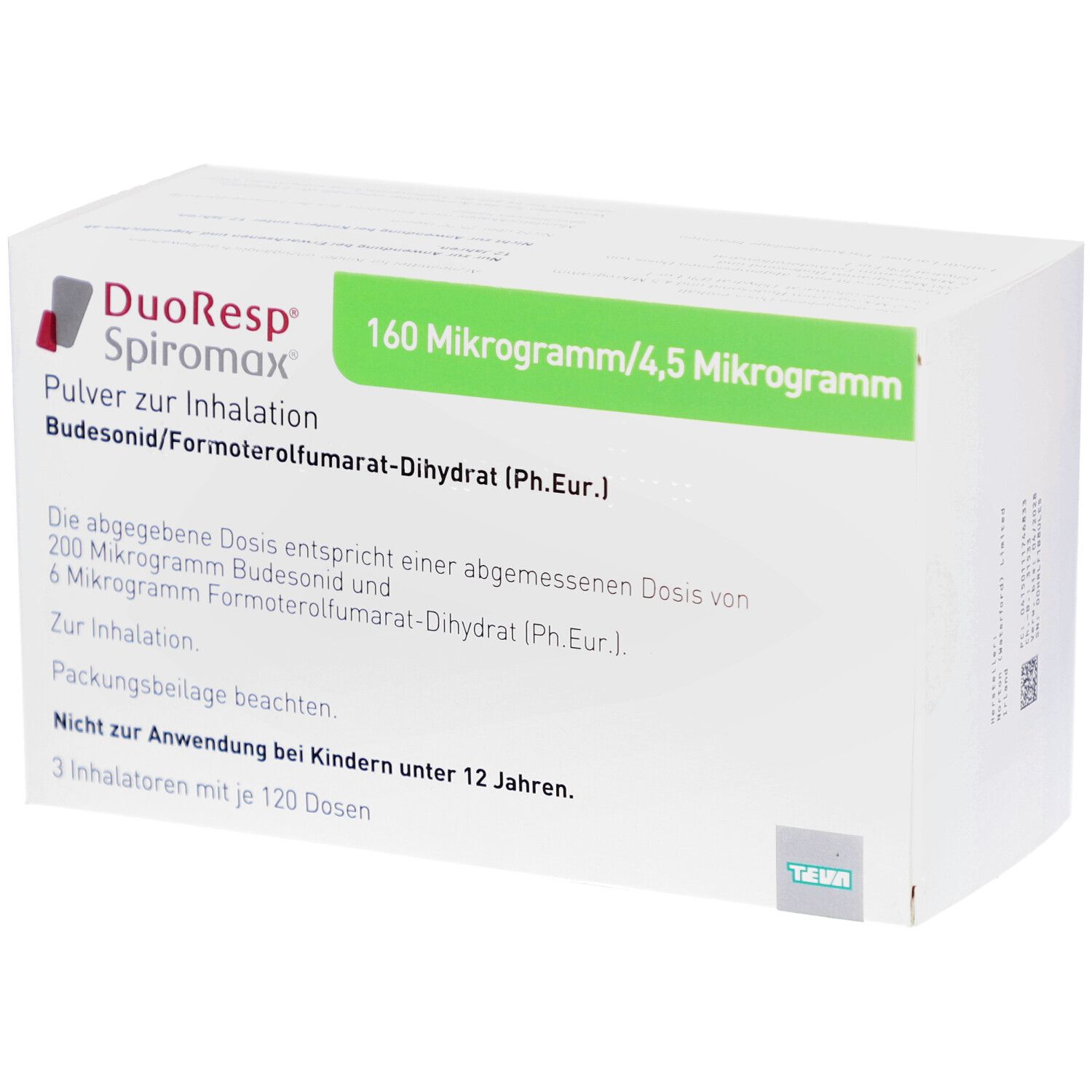 Weiße rechteckige Verpackung. Oben steht DuoResp Spiromax, 160 Mikrogramm/4,5 Mikrogramm. Text: Pulver zur Inhalation. Enthält Budesonid/Formoterolfumarat-Dihydrat.