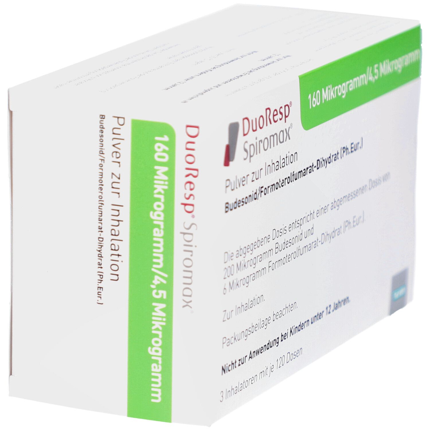 Weiße Verpackung, schräg von oben. DuoResp Spiromax, 160 Mikrogramm/4,5 Mikrogramm. Text: Pulver zur Inhalation. Enthält Budesonid/Formoterolfumarat-Dihydrat.