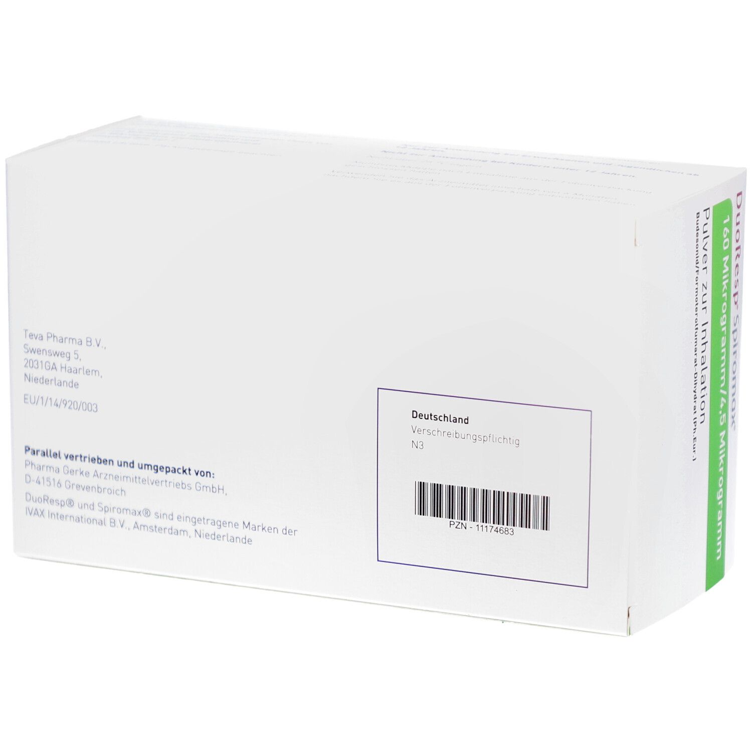 Rückseite der weißen Verpackung. Text: Teva Pharma B.V., Niederlande. Barcode und Text: Deutschland. Verschreibungspflichtig. PZN-11174683.