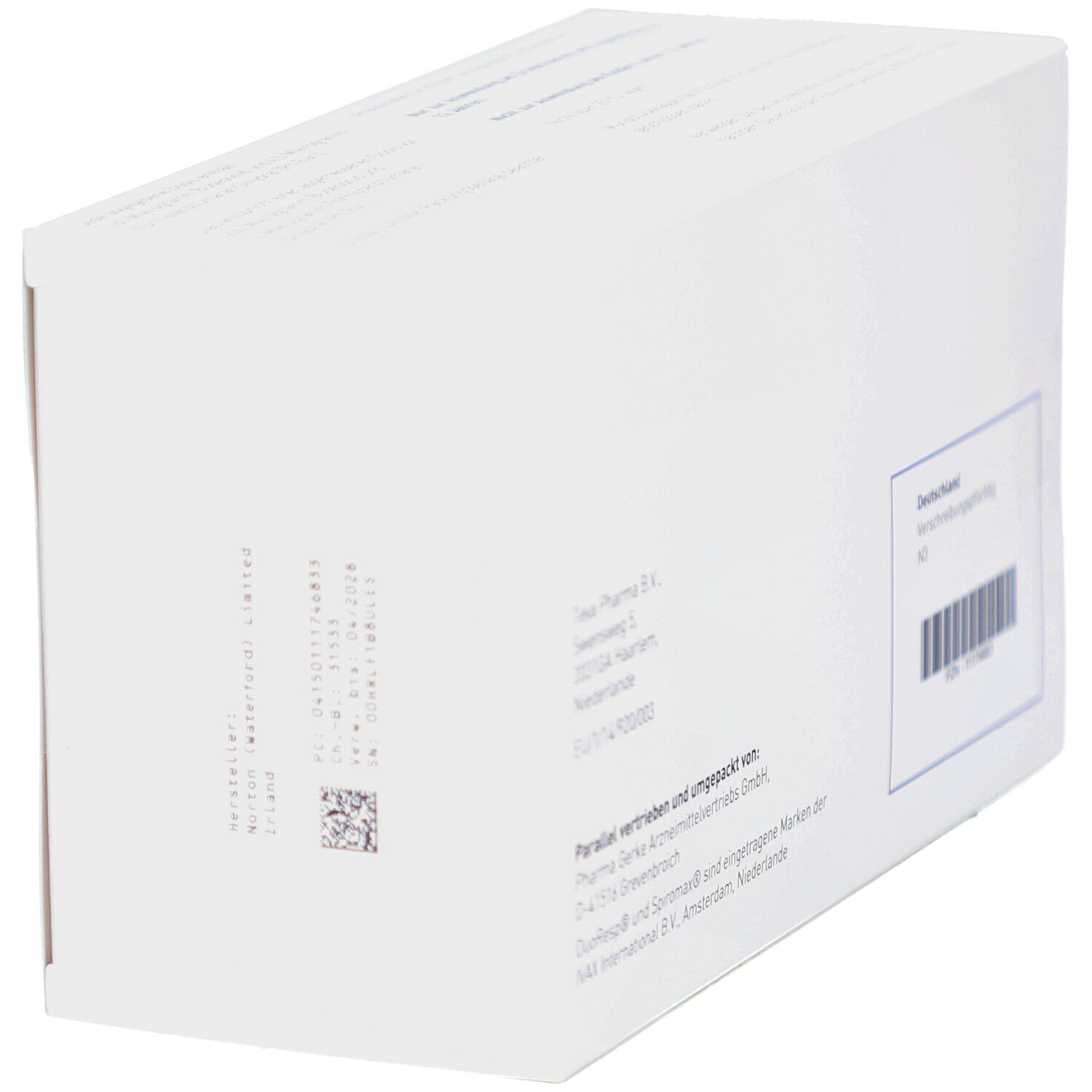 Schräg von oben gesehene Verpackung. Rückseite mit Text und Barcode. Text: Teva Pharma B.V., Niederlande. Barcode und Text: Deutschland.