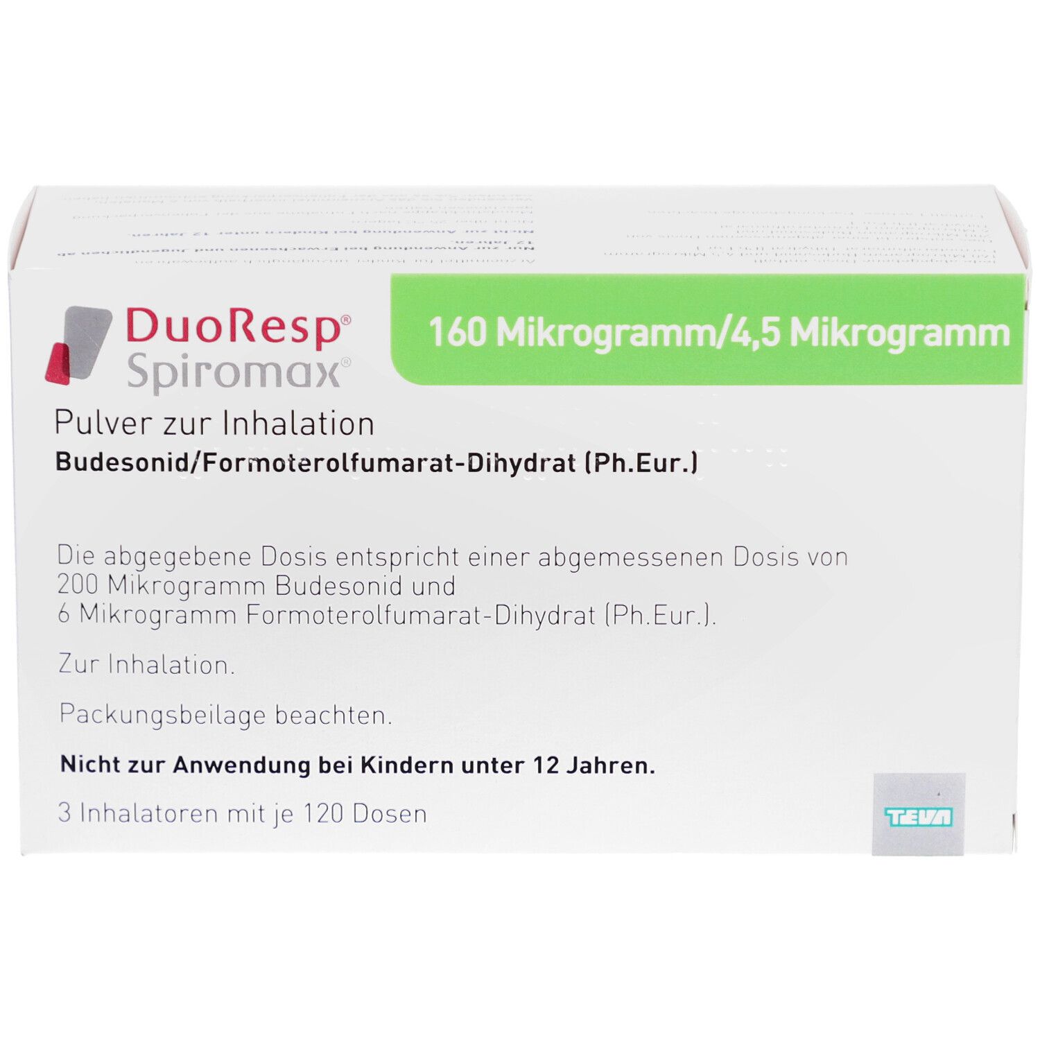 Weiße Verpackung, schräg von vorne. DuoResp Spiromax, 160 Mikrogramm/4,5 Mikrogramm. Text: Pulver zur Inhalation. Enthält Budesonid/Formoterolfumarat-Dihydrat.