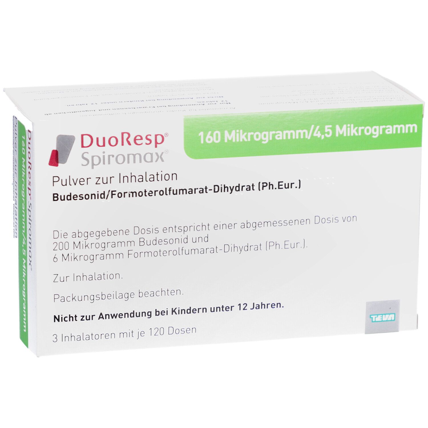 Weiße Verpackung, schräg von vorne. DuoResp Spiromax, 160 Mikrogramm/4,5 Mikrogramm. Text: Pulver zur Inhalation. Enthält Budesonid/Formoterolfumarat-Dihydrat.