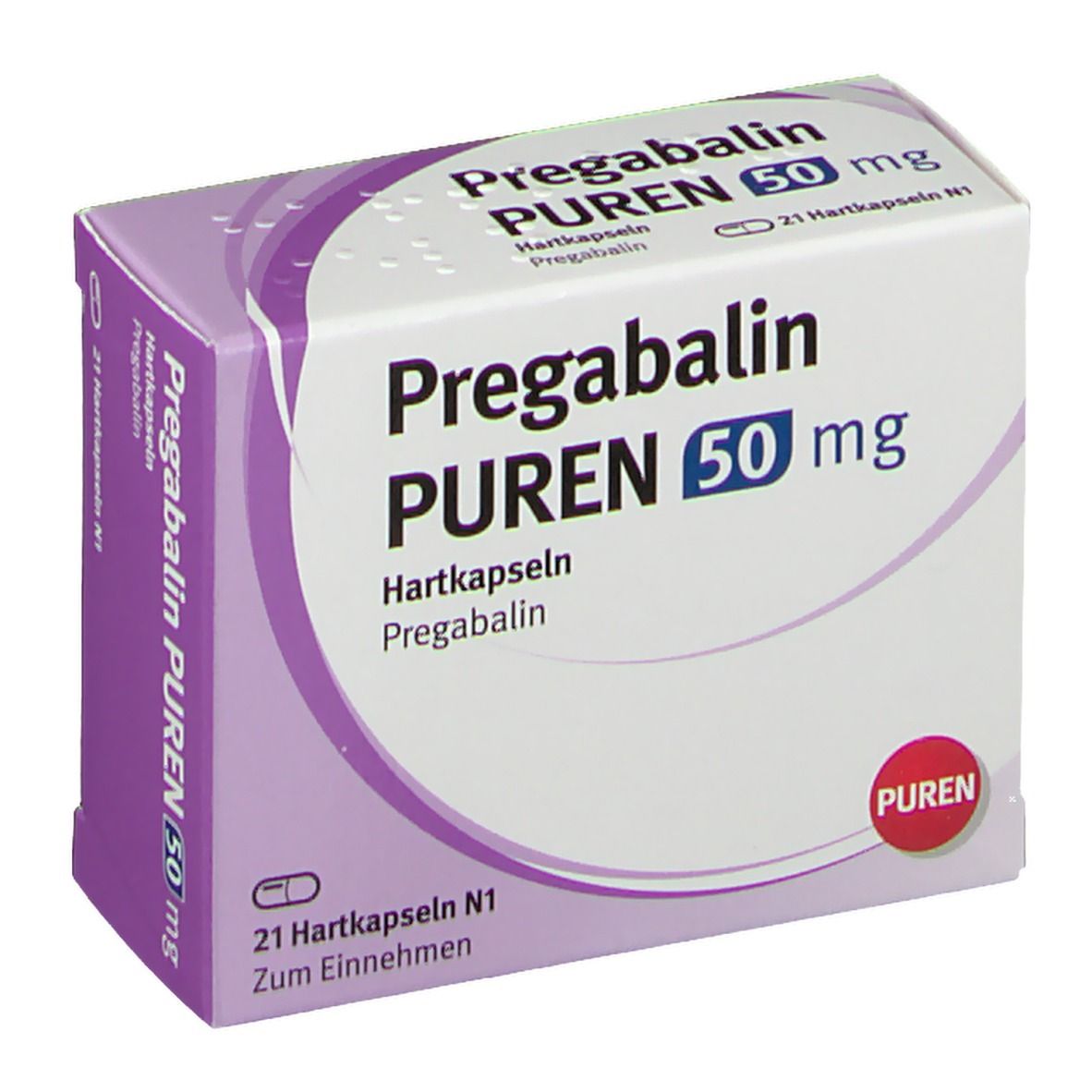 Schachtel mit Pregabalin PUREN 50 mg. Weiß, lila und rot. Schriftzug: Pregabalin PUREN 50 mg, 21 Hartkapseln.