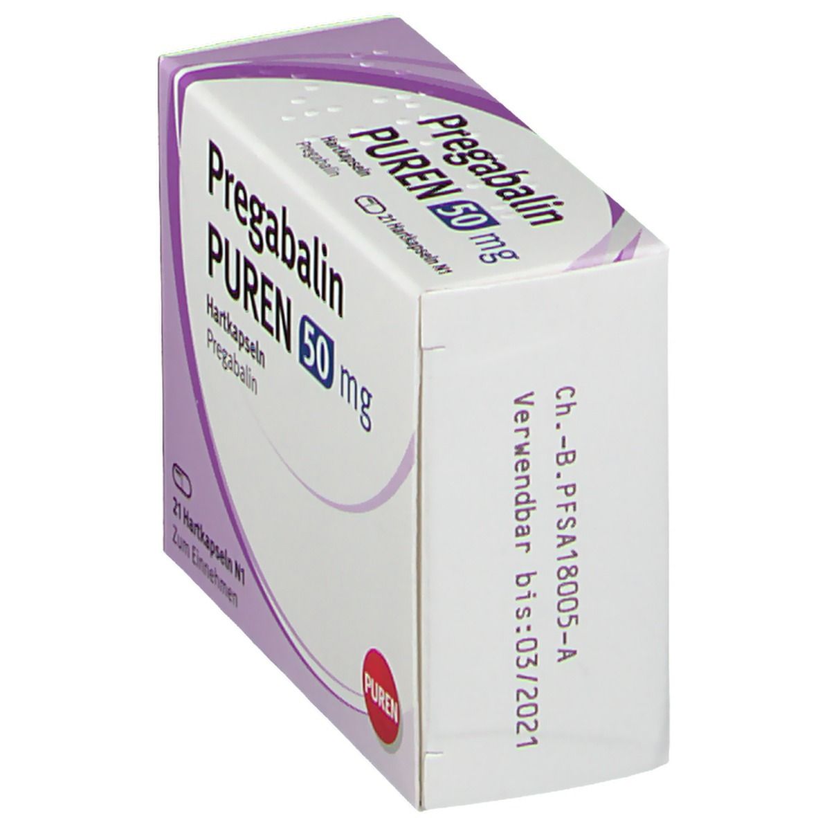 Schachtel Pregabalin PUREN 50 mg. Weiß, lila und rot. Aufdruck: Pregabalin PUREN 50 mg, Haltbarkeit bis 03/2021.