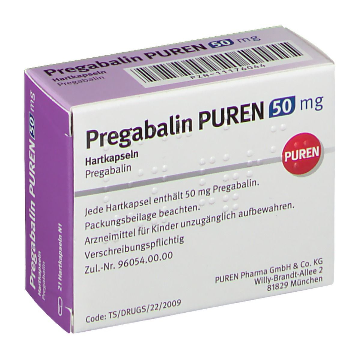 Schachtel Pregabalin PUREN 50 mg. Weiß, lila und rot. Text: Pregabalin PUREN 50 mg, Hartkapseln, Packungsbeilage beachten.