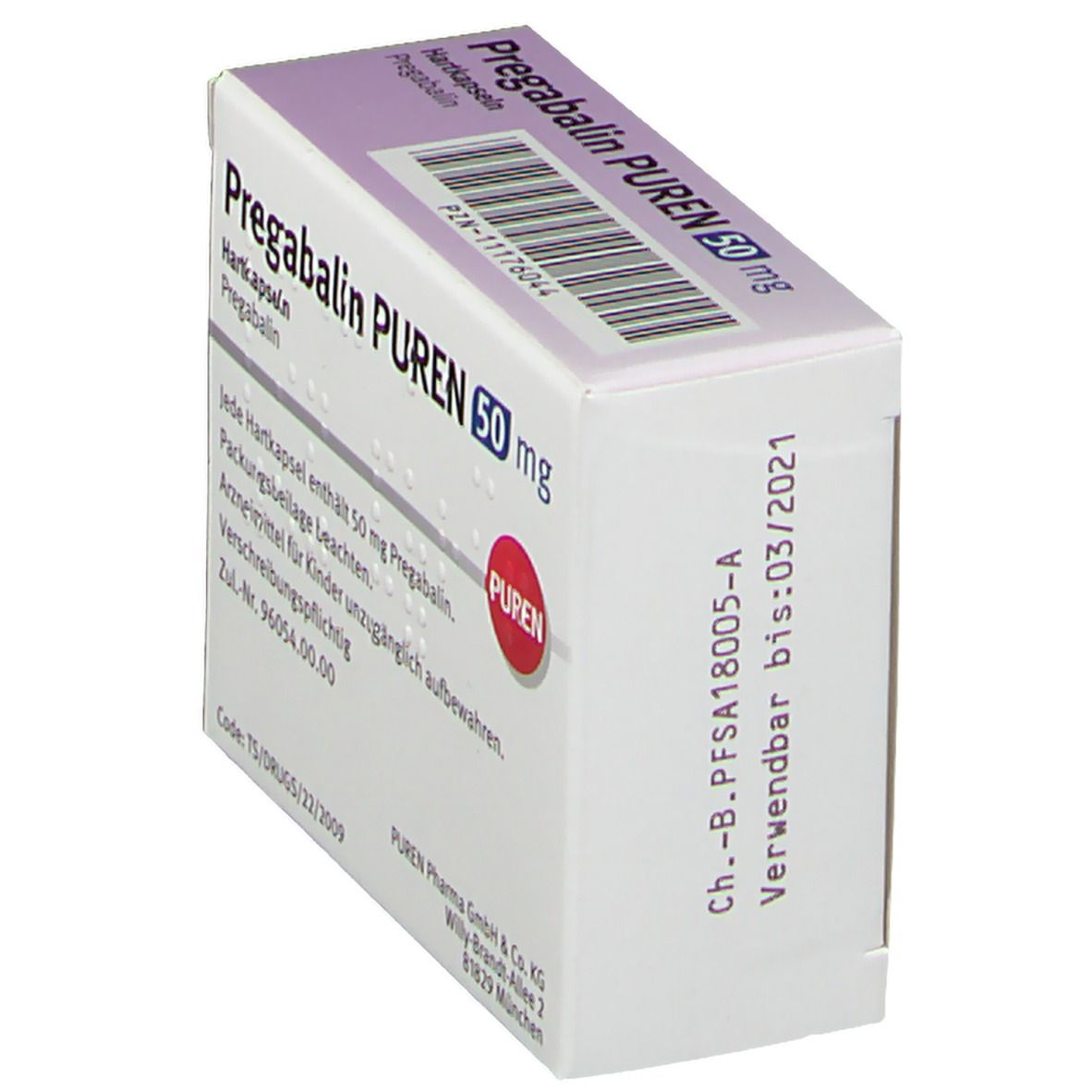 Schachtel Pregabalin PUREN 50 mg. Weiß, lila und rot. Aufdruck: Pregabalin PUREN 50 mg, Haltbarkeit bis 03/2021.