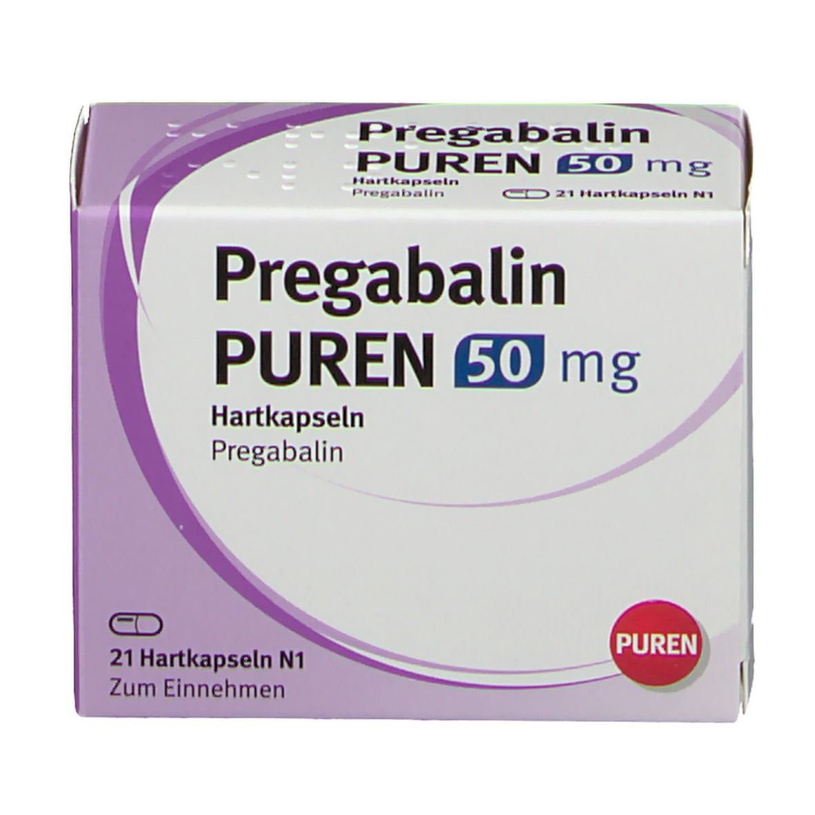 Schachtel Pregabalin PUREN 50 mg. Weiß, lila und rot. Schriftzug: Pregabalin PUREN 50 mg, 21 Hartkapseln.