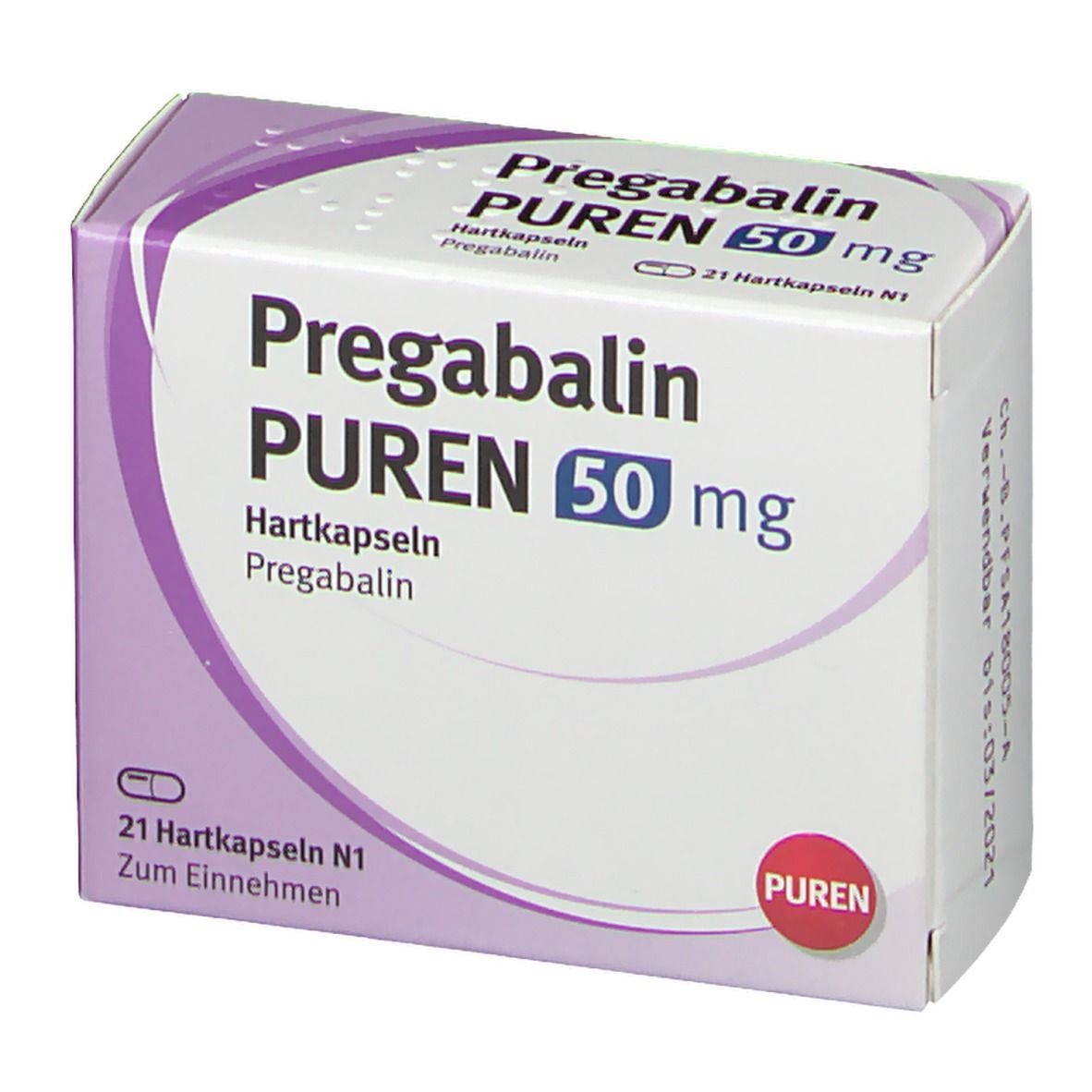 Schachtel Pregabalin PUREN 50 mg. Weiß, lila und rot. Schriftzug: Pregabalin PUREN 50 mg, Haltbarkeit bis 03/2021.