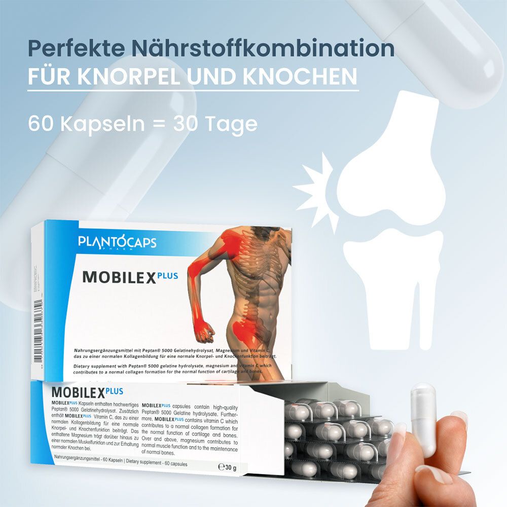 Packung mit Kapseln, Icons für Gelenkernährung, Nährstoffe und einzigartige Rezeptur, Kniegelenk-Grafik.