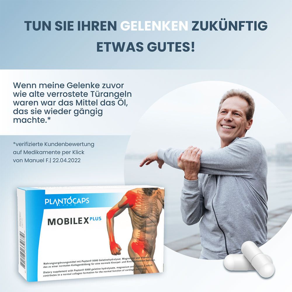Packung und Blisterpackung mit 60 Kapseln, eine Kapsel und ein menschlicher Torso mit roten Markierungen an Gelenken.