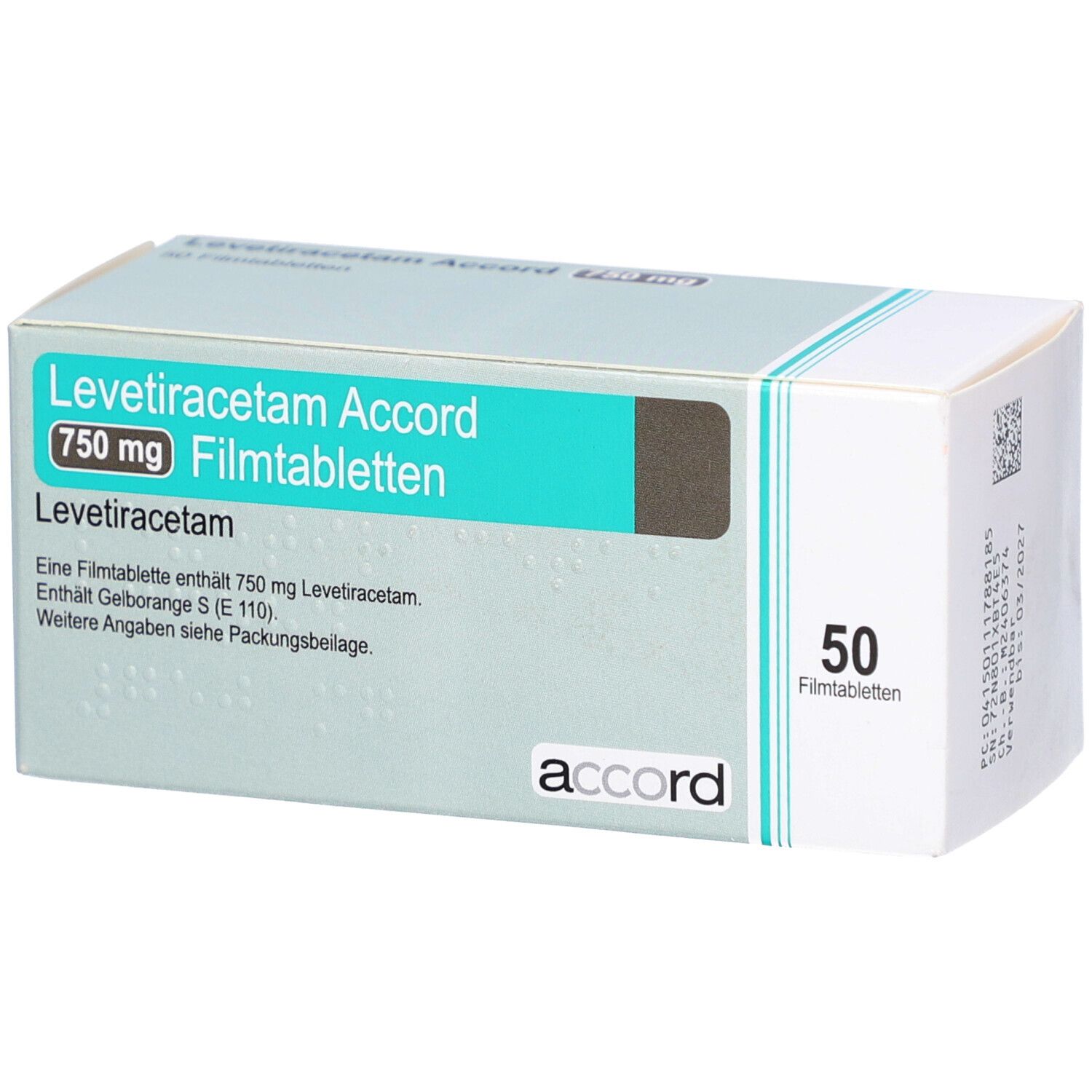 Schachtel mit LEVETIRACETAM Accord 750 mg Filmtabletten. 50 Tabletten. Marke: accord. Aufschrift: 750 mg, Filmtabletten.