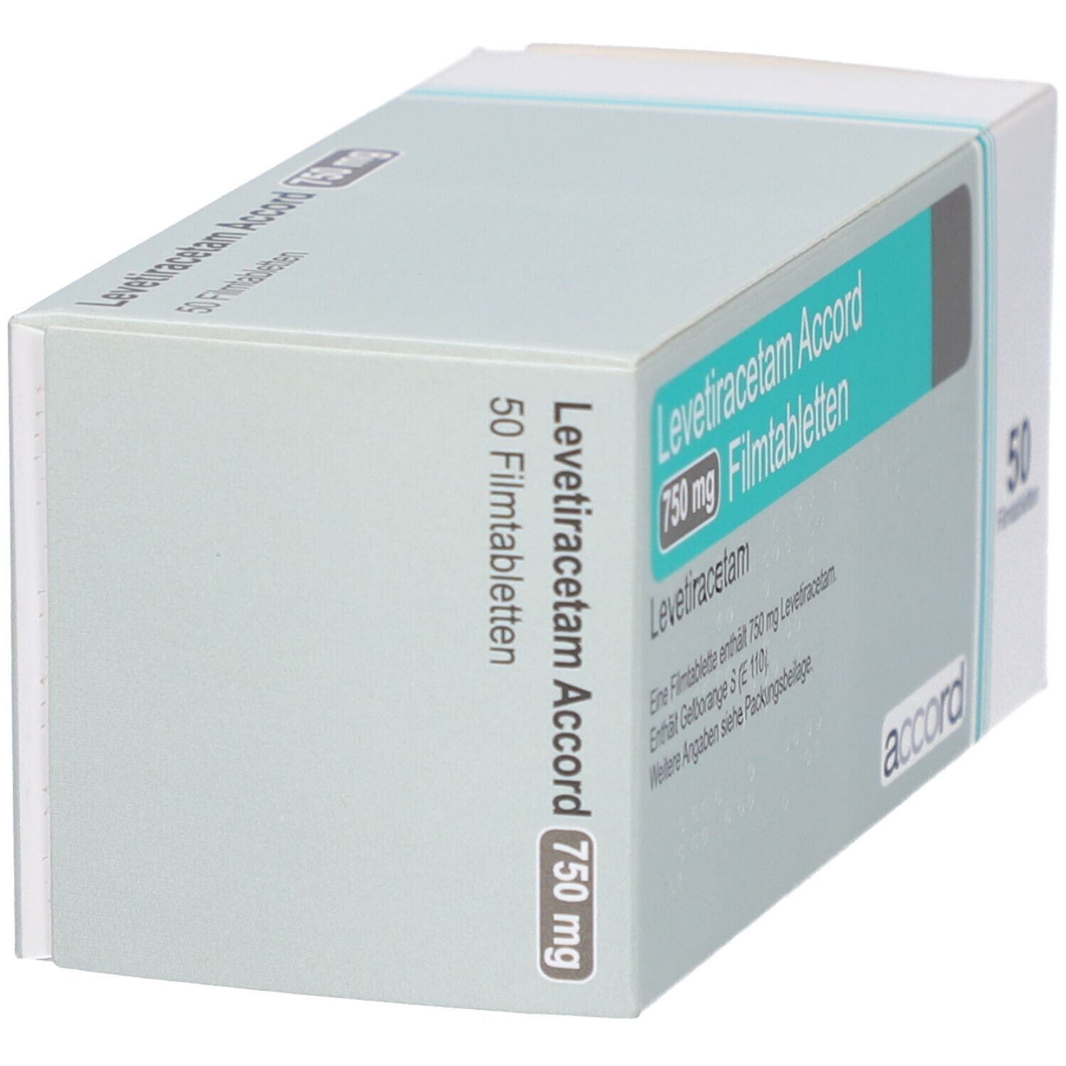 Schachtel mit LEVETIRACETAM Accord 750 mg Filmtabletten. 50 Tabletten. Marke: accord. Aufschrift: 750 mg, Filmtabletten.