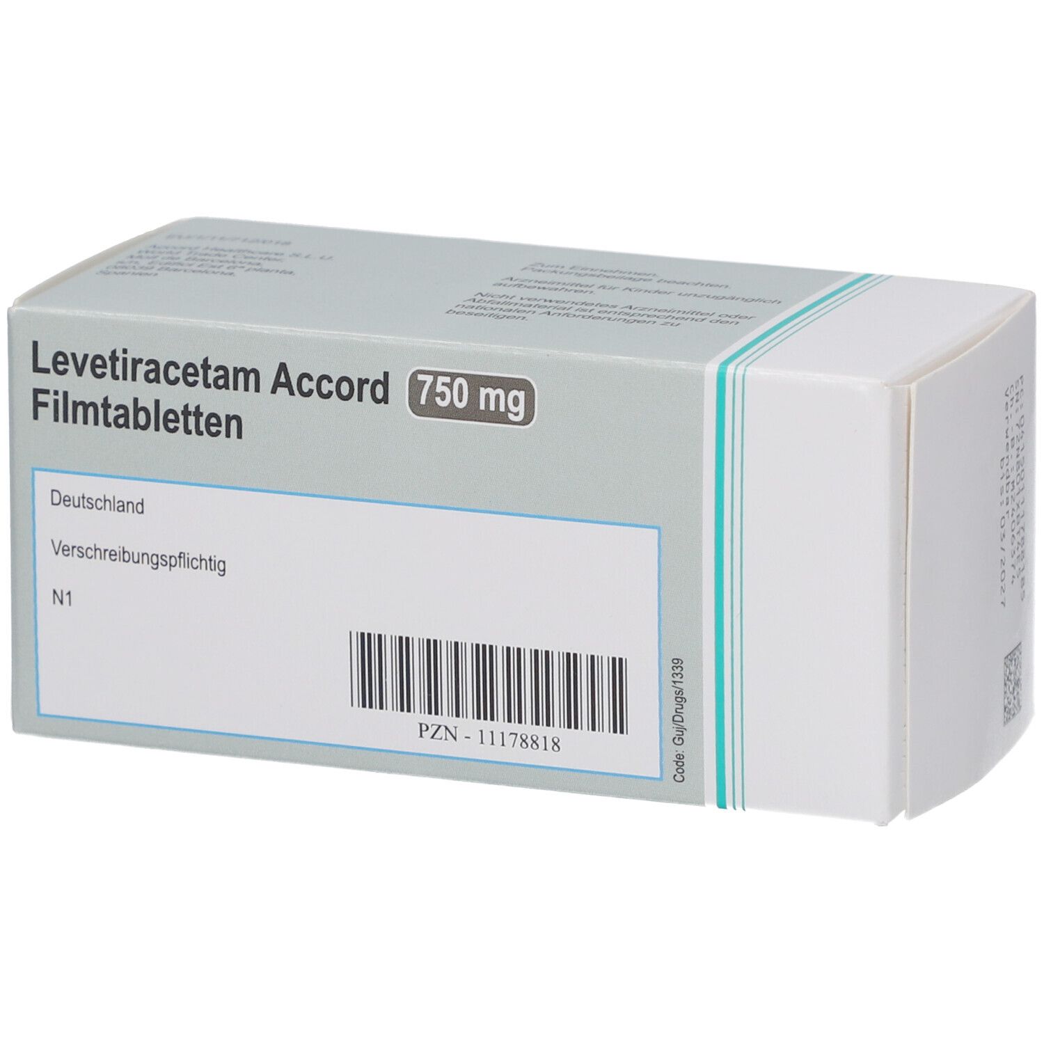 Schachtel mit LEVETIRACETAM Accord 750 mg Filmtabletten. Aufschrift: 750 mg, Filmtabletten. Barcode und weitere Informationen.