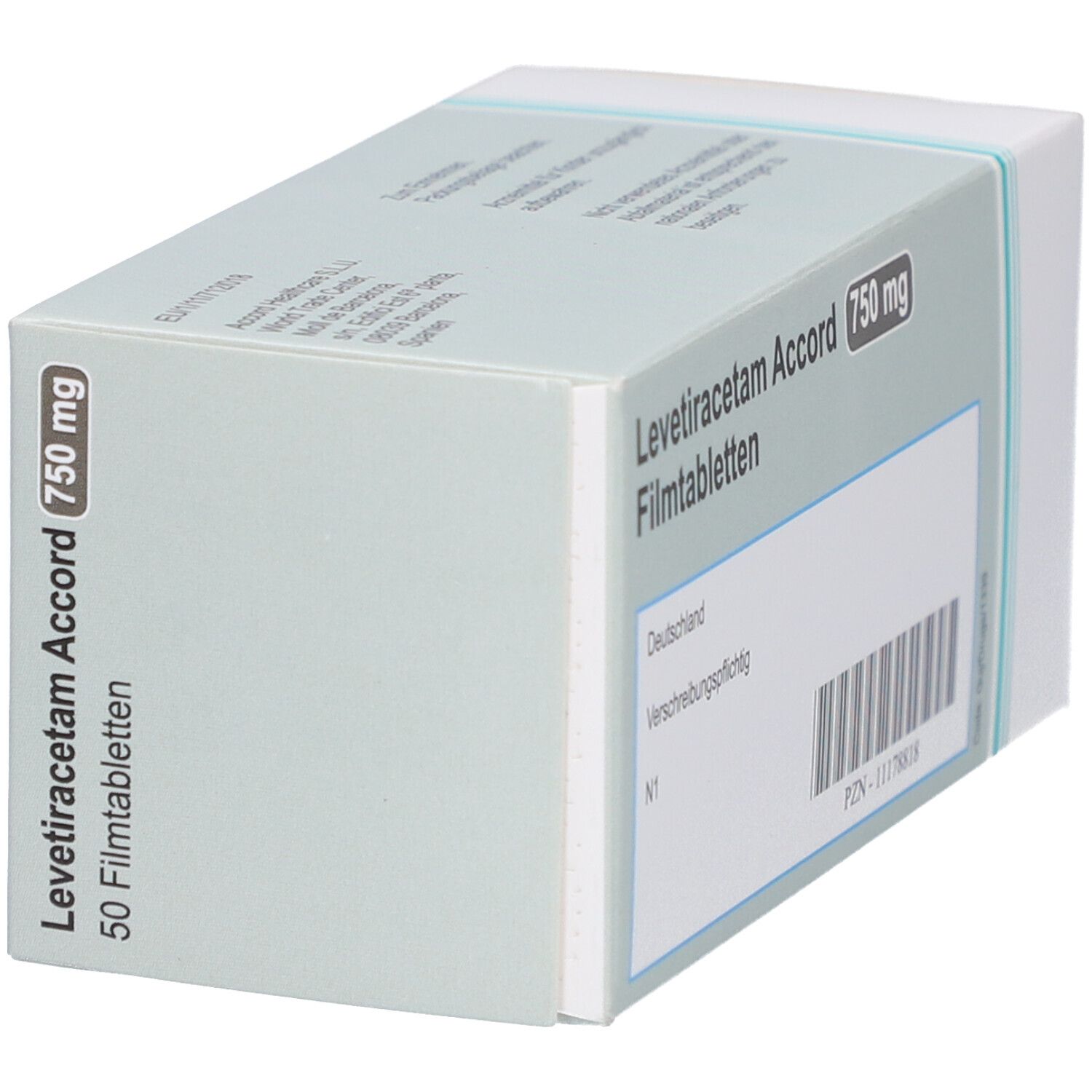 Schachtel mit LEVETIRACETAM Accord 750 mg Filmtabletten. Aufschrift: 750 mg, Filmtabletten. Barcode und weitere Informationen.