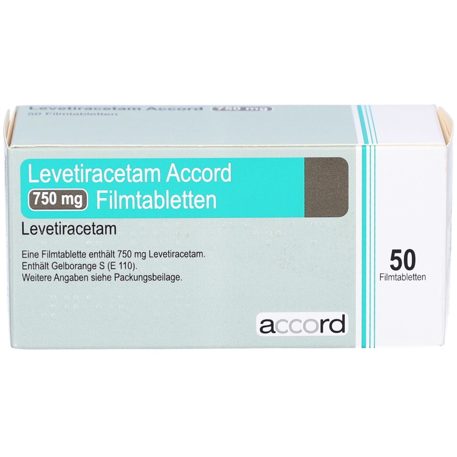 Schachtel mit LEVETIRACETAM Accord 750 mg Filmtabletten. 50 Tabletten. Marke: accord. Aufschrift: 750 mg, Filmtabletten.