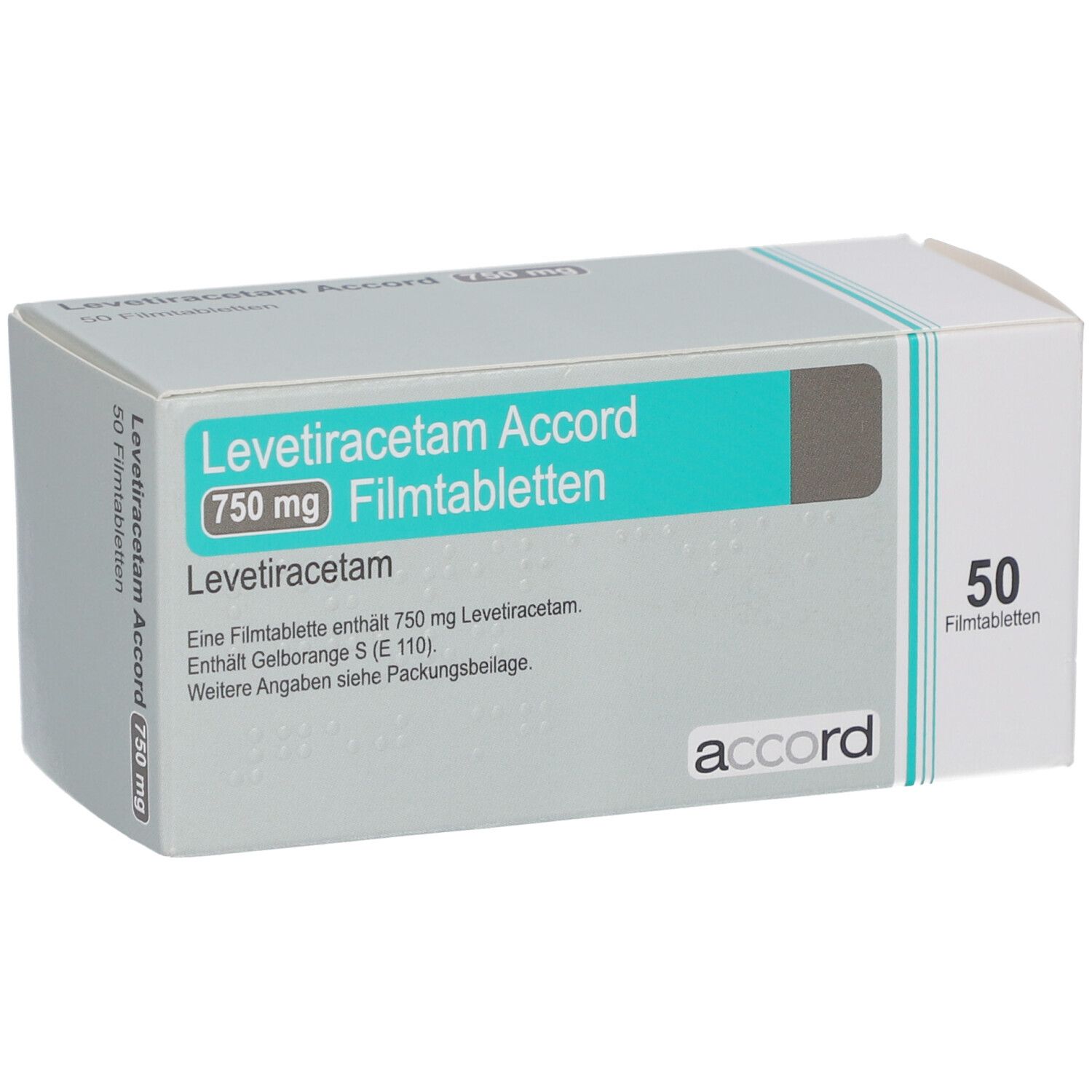 Schachtel mit LEVETIRACETAM Accord 750 mg Filmtabletten. 50 Tabletten. Marke: accord. Aufschrift: 750 mg, Filmtabletten.