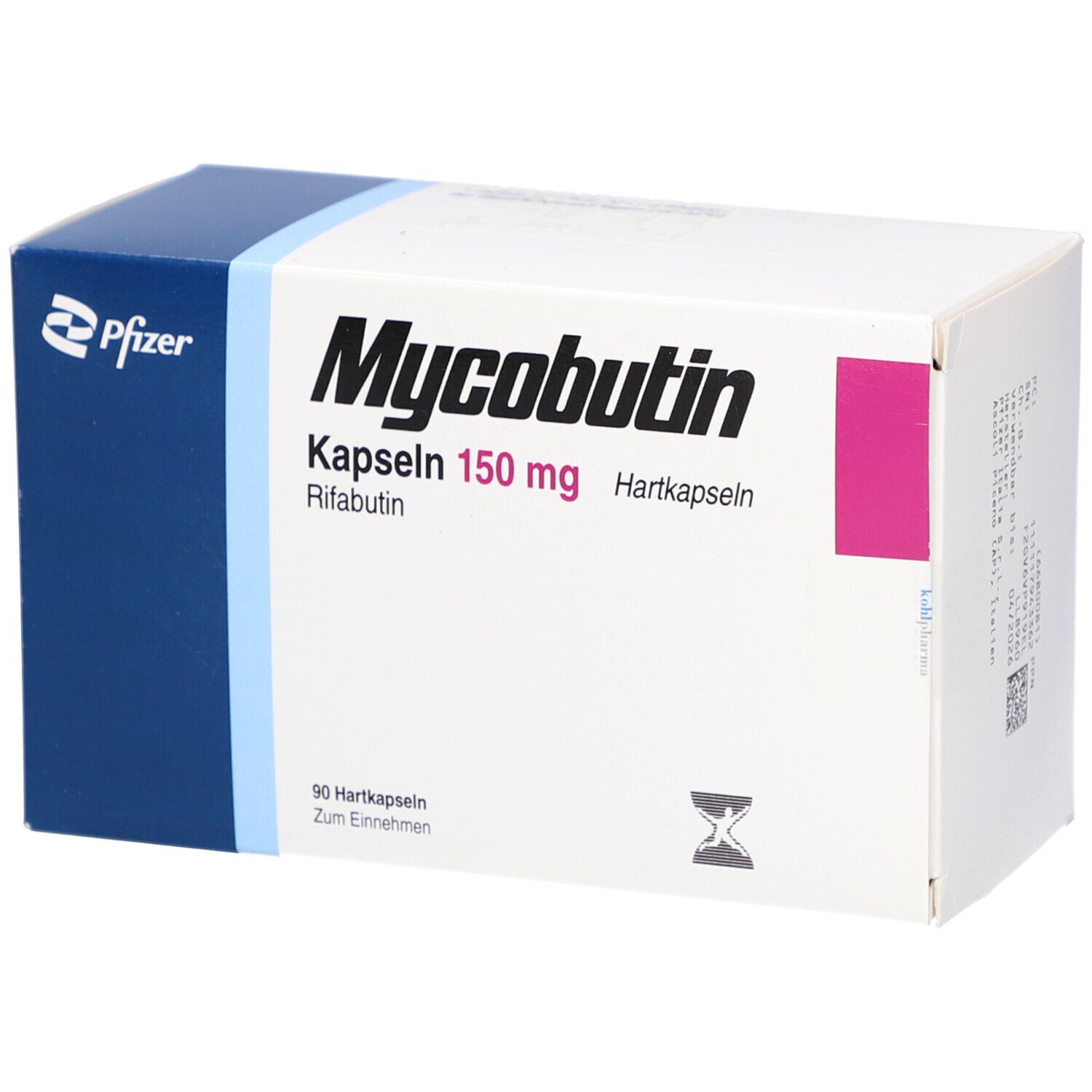 Schachtel mit Mycobutin 150 mg Hartkapseln. Aufschrift: Pfizer. Enthält 90 Hartkapseln. Rosa Akzent.