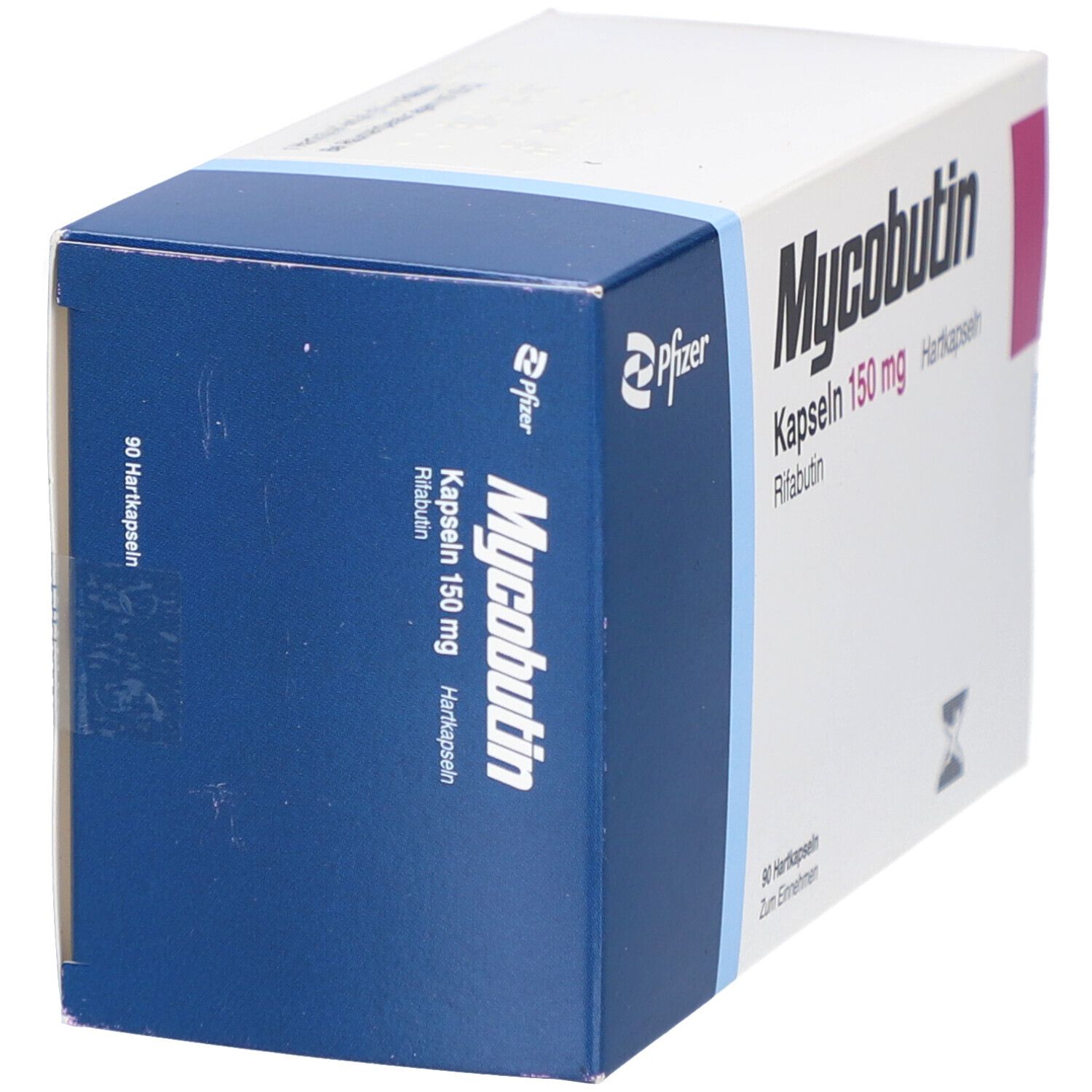 Schachtel mit Mycobutin 150 mg Hartkapseln. Aufschrift: Pfizer. Blaue und weiße Farbgebung.