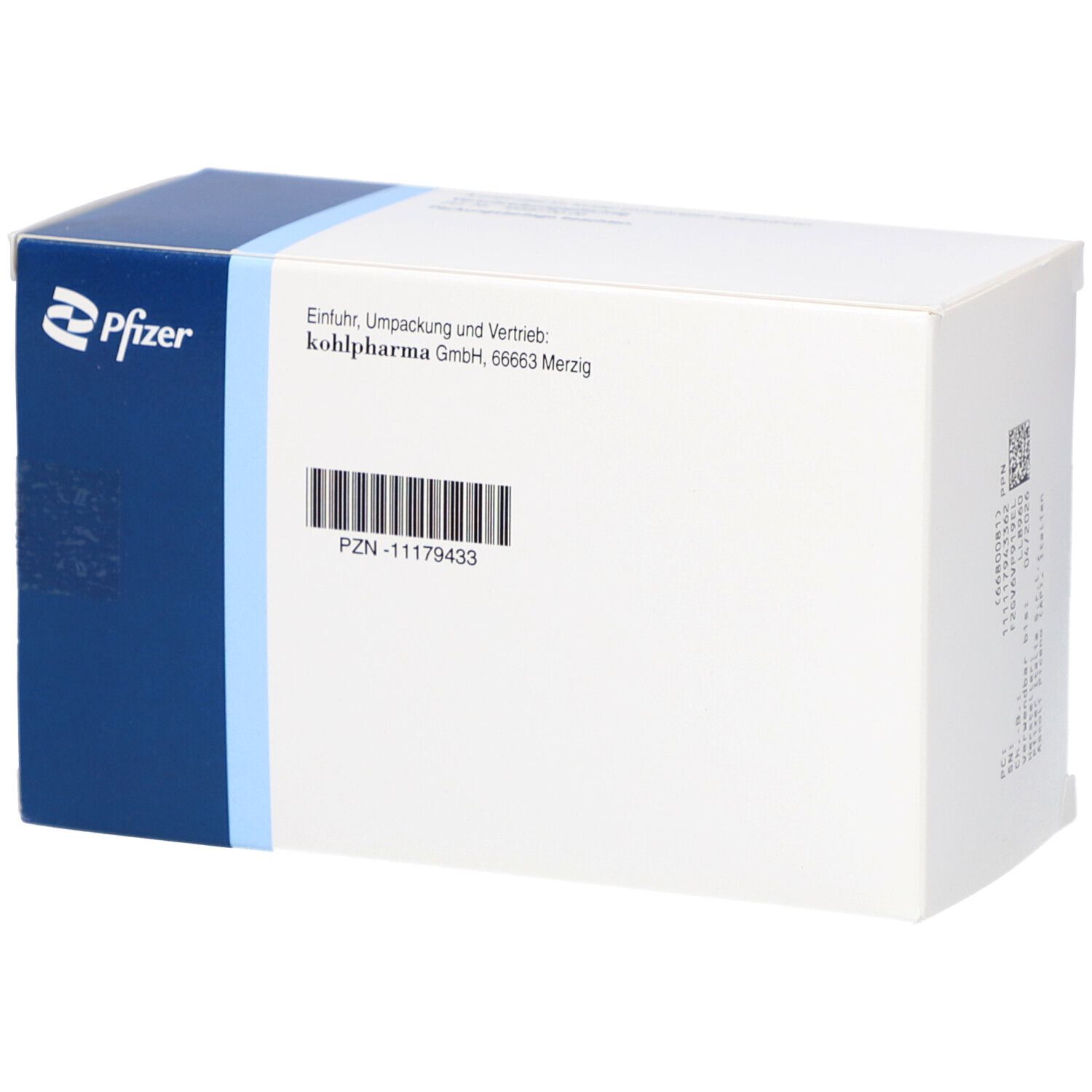 Weiße Schachtel mit Barcode und PZN-Nummer. Aufschrift: kohlpharma GmbH. Blaue Akzente.