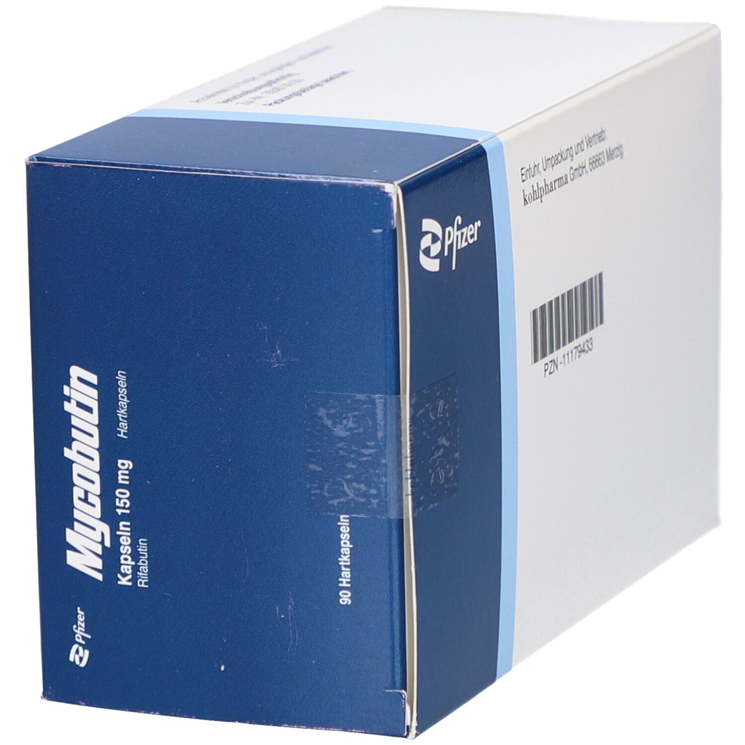 Schachtel mit Mycobutin 150 mg Hartkapseln. Aufschrift: Pfizer. Blaue und weiße Farbgebung.