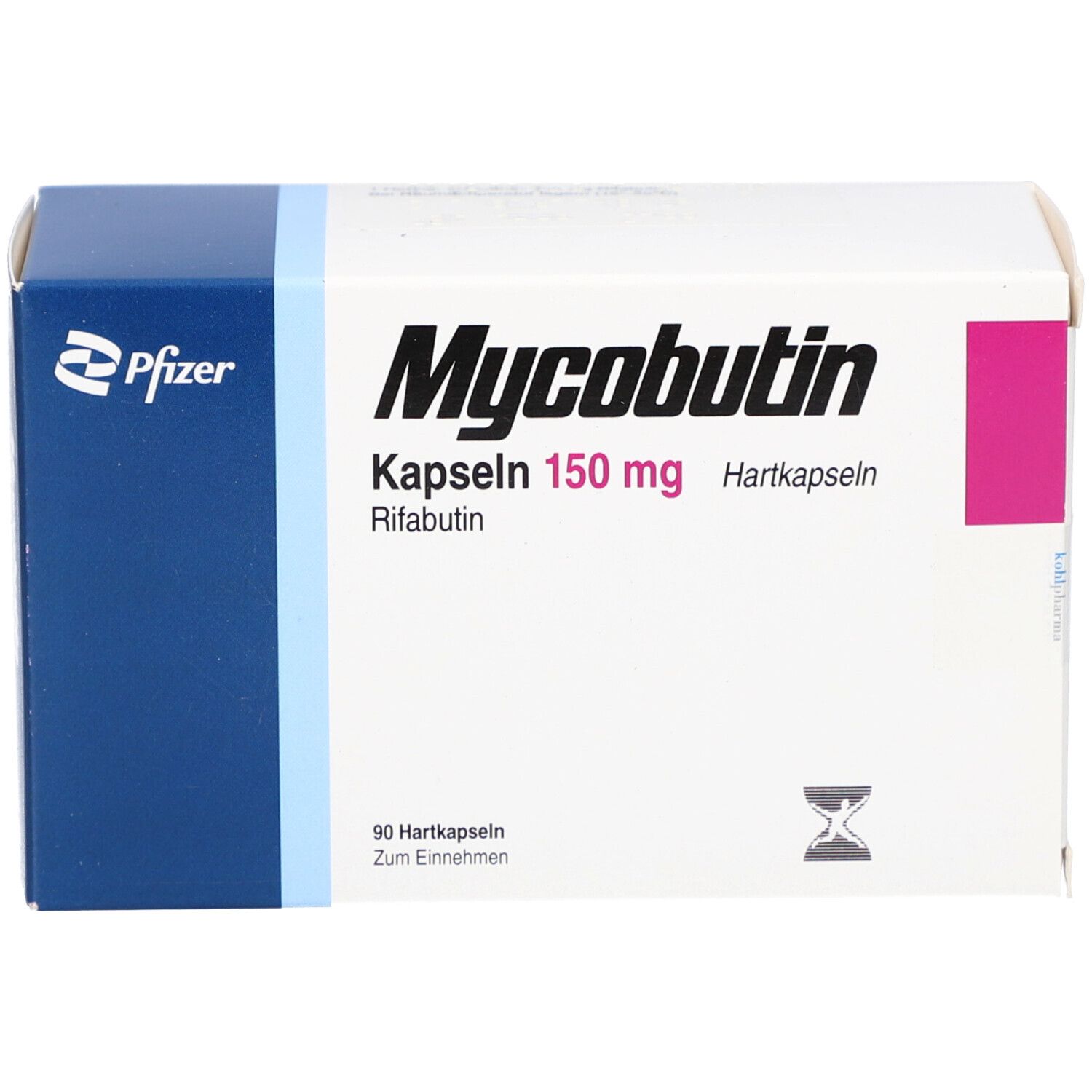 Schachtel mit Mycobutin 150 mg Hartkapseln. Aufschrift: Pfizer. Enthält 90 Hartkapseln. Rosa Akzent.
